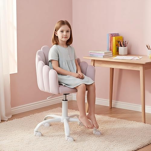 Miniatura 6 de LukeAlon Bonita silla de escritorio giratoria para niños, silla de estudio de terciopelo con ruedas y brazos, cómoda silla tapizada de altura