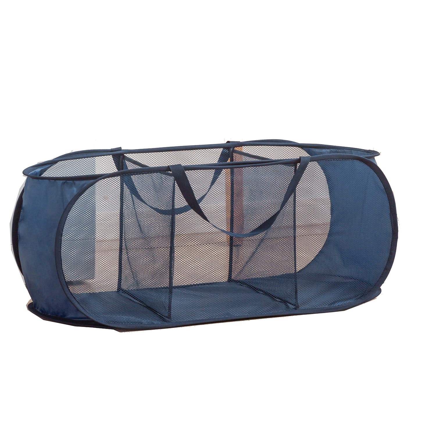 Mesh Laundry Hamper Basket, Sturdy 3 Compartments Laundry Basket, Foldable Pop up Laundry Hamper with Side Pocket for Laundry Room, Bathroom, Kids Room, College Dorm or Travel Navy