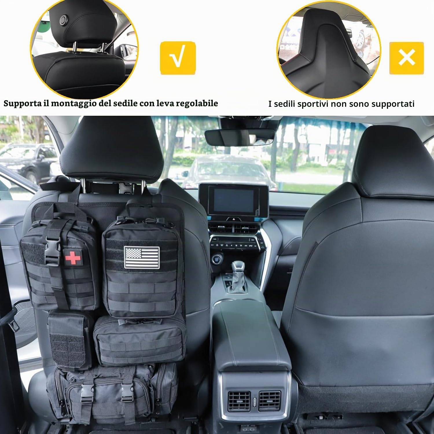 Organizer tattico per sedile posteriore, borsa portaoggetti tattica con pannello Molle per veicoli con 5 tasche staccabili, organizer per pannelli tattici per veicoli adatti a tutti i veicoli