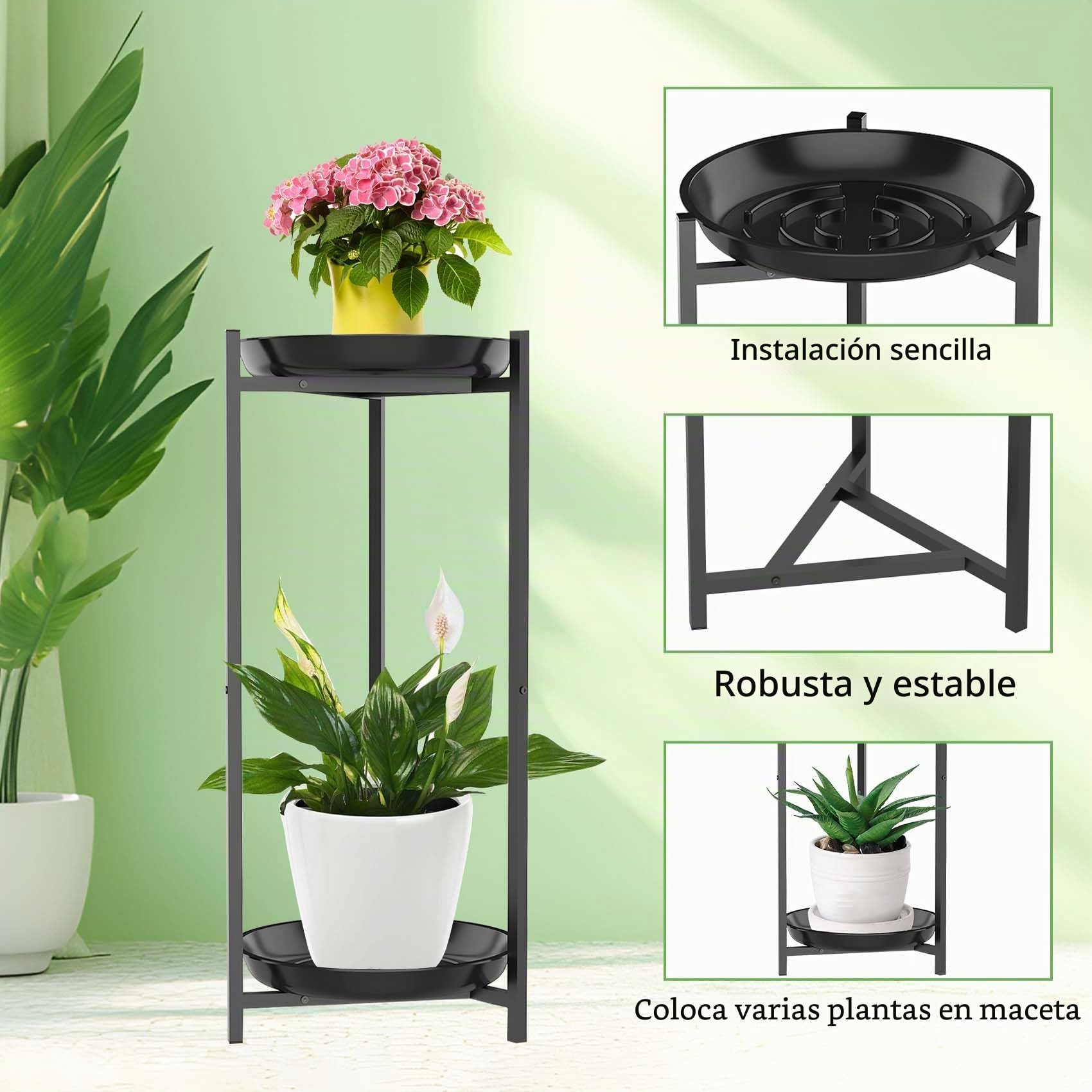Lnrkai - Soporte de plantas de 2 niveles de metal para interiores, negro, estante alto redondo de esquina para múltiples plantas al aire libre, soporte de exhibición para macetas de flores para balcón