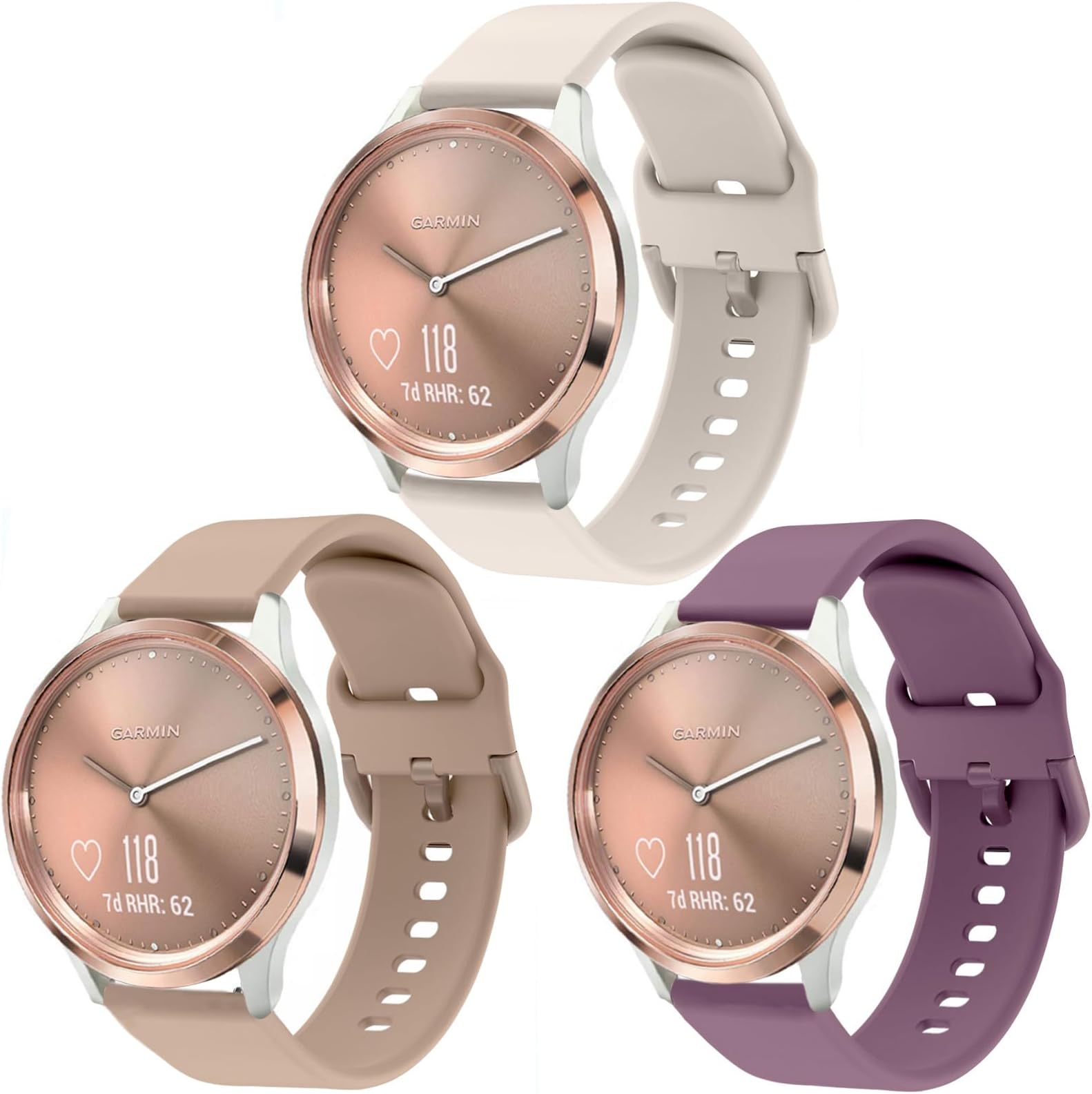 ViCRiOR Bands Compatible with Garmin Vivomove HR, Quick Release Soft Silicone Replacement Band for Garmin Vivomove HR Sport/Premium, Garmin Venu (3Pack(Stone+Smoke Violet+Starlight))