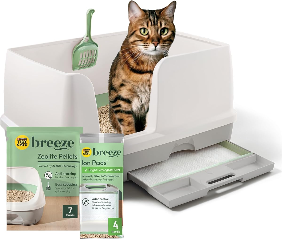 Purina Tidy Cats Breeze Kit de sistema de caja de arena con arena para gatos de pellets, caja de arena XL y almohadillas para caja de arena