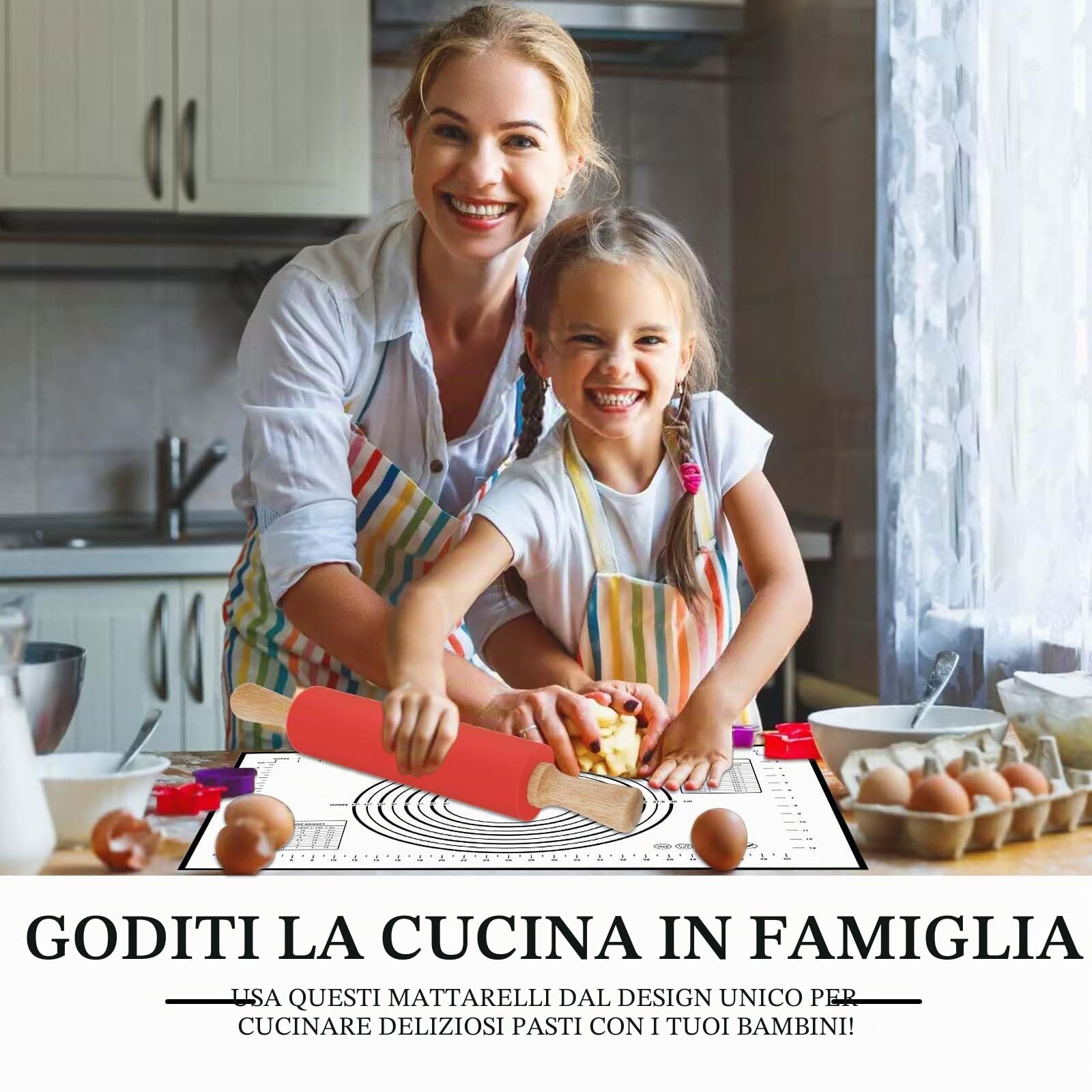 BOCHION Mattarello Antiaderente in Silicone, Mattarello con Manici in Legno, con Tappetino da Forno in Silicone, Mattarelli Acciaio Inox per Pasta, Pizza, Biscotti, Pasticceria, Fondente (43cm)