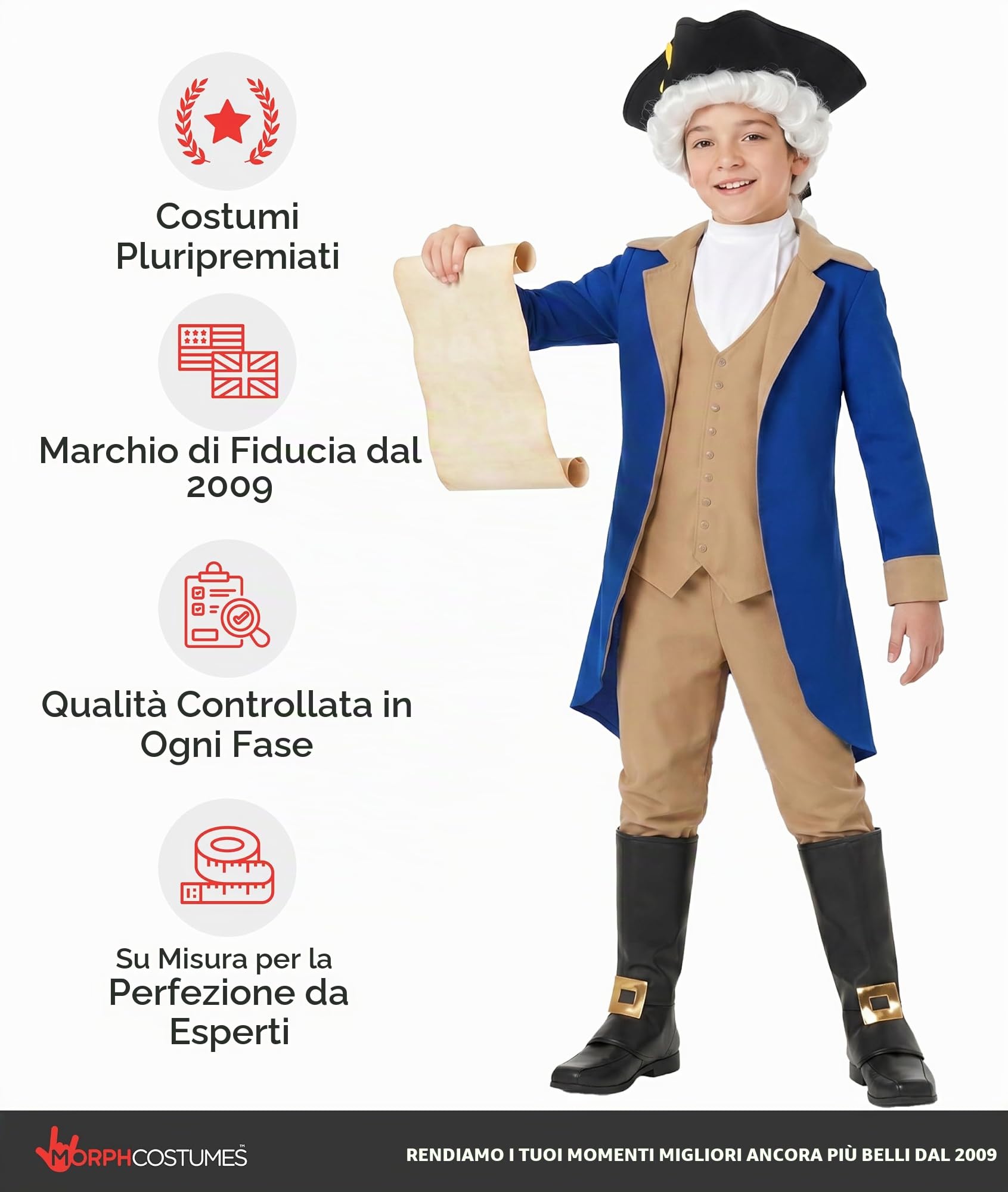 Morph Costume George Washington Bambino, Costume Halloween Bambino | Giacca Blu, Gilet, Parrucca Bianca & Cappello Nero, Perfetto per Halloween, Ideale per il Gioco di Ruolo