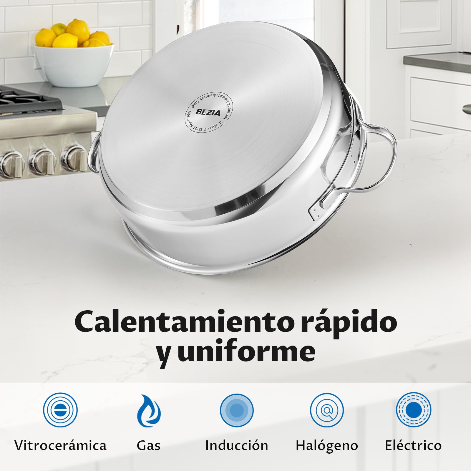 BEZIA Cacerola Baja Inducción 5.2 L Acero Inoxidable 18/10 Tapa Cristal | Bordes altos para todo tipo de cocinas y horno. Antiadherente sin PFOS, ideal para guisar, freír, asar y cocinar a diario