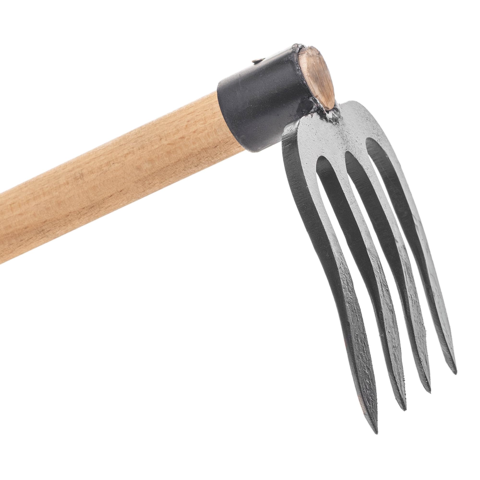 KADAX Talon de pommes de terre à 4 dents avec long manche en bois, talon de jardin en acier forgé, talon de fumier pour jardinage, hachoir pour jardin (avec tige)