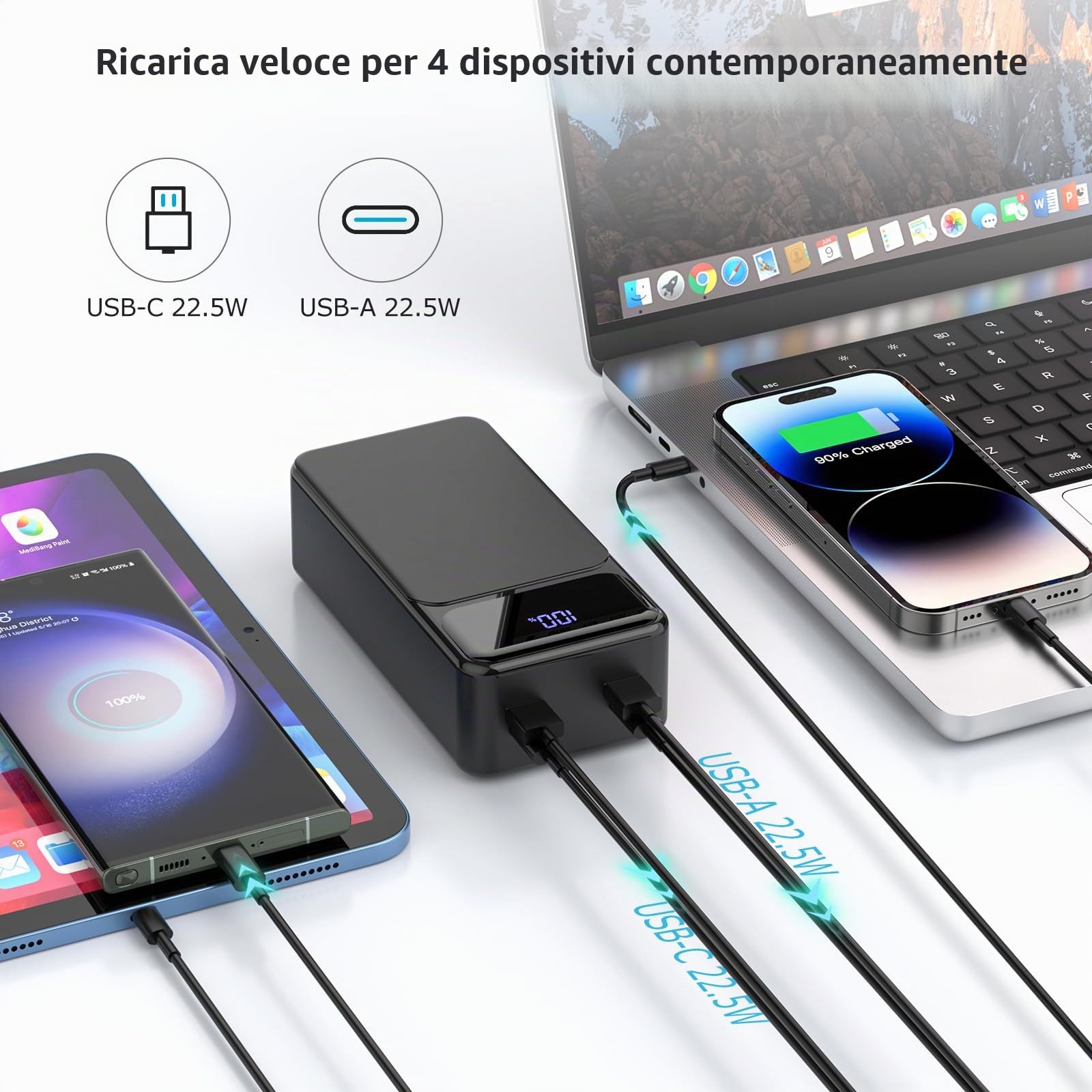 Powerbank 50000 mAh 22,5 W Ricarica Rapida Power Bank Portatile USB-C con 4 Uscite & 2 Ingressi Display LED Grande Capacità Batteria Esterna per iPhone, Samsung, iPad ecc.