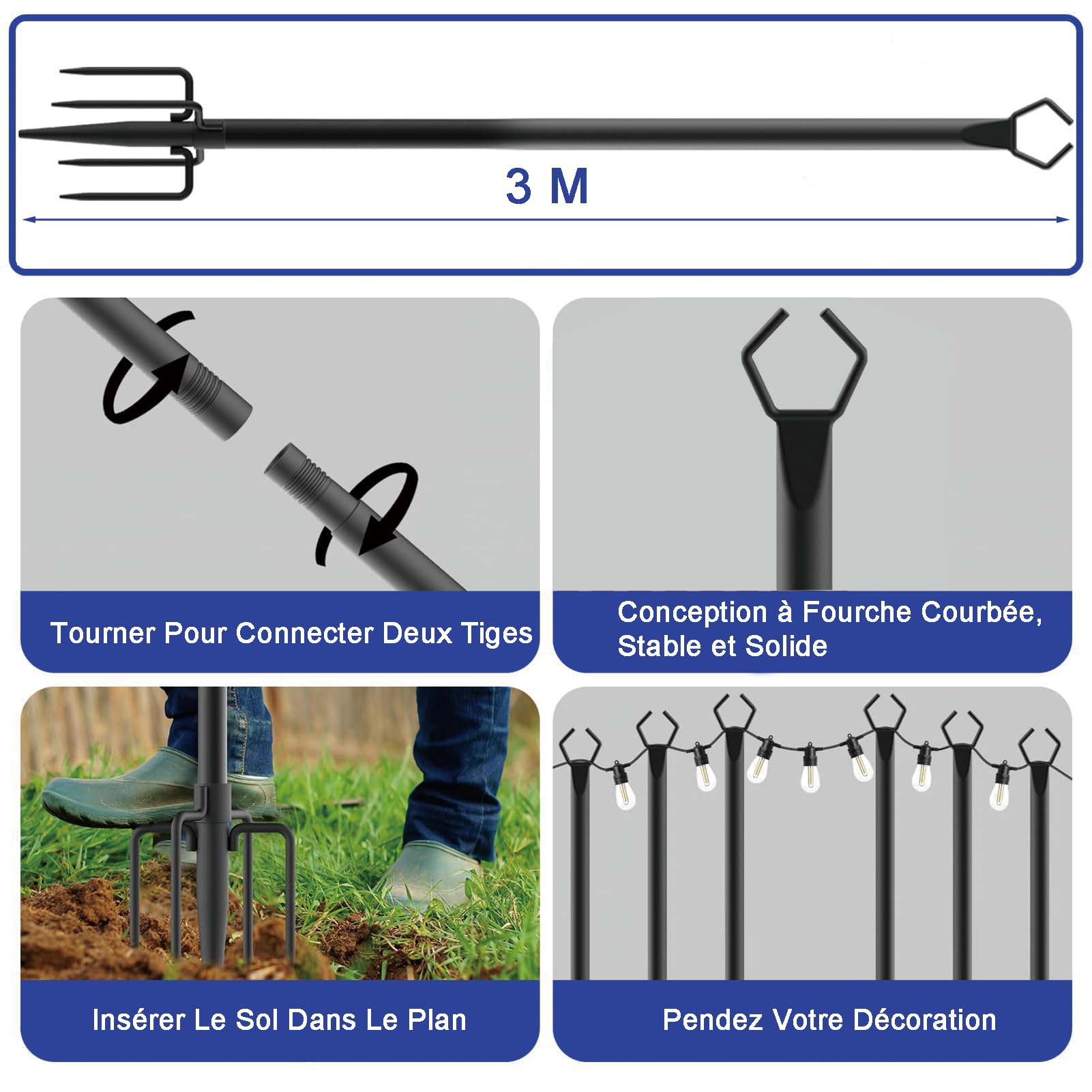 2 barras de luces con gancho de pastor, 3 m, postes de metal con tenedor para cadena de luces exteriores, terraza, patio, jardín, boda, fiesta (2 unidades)