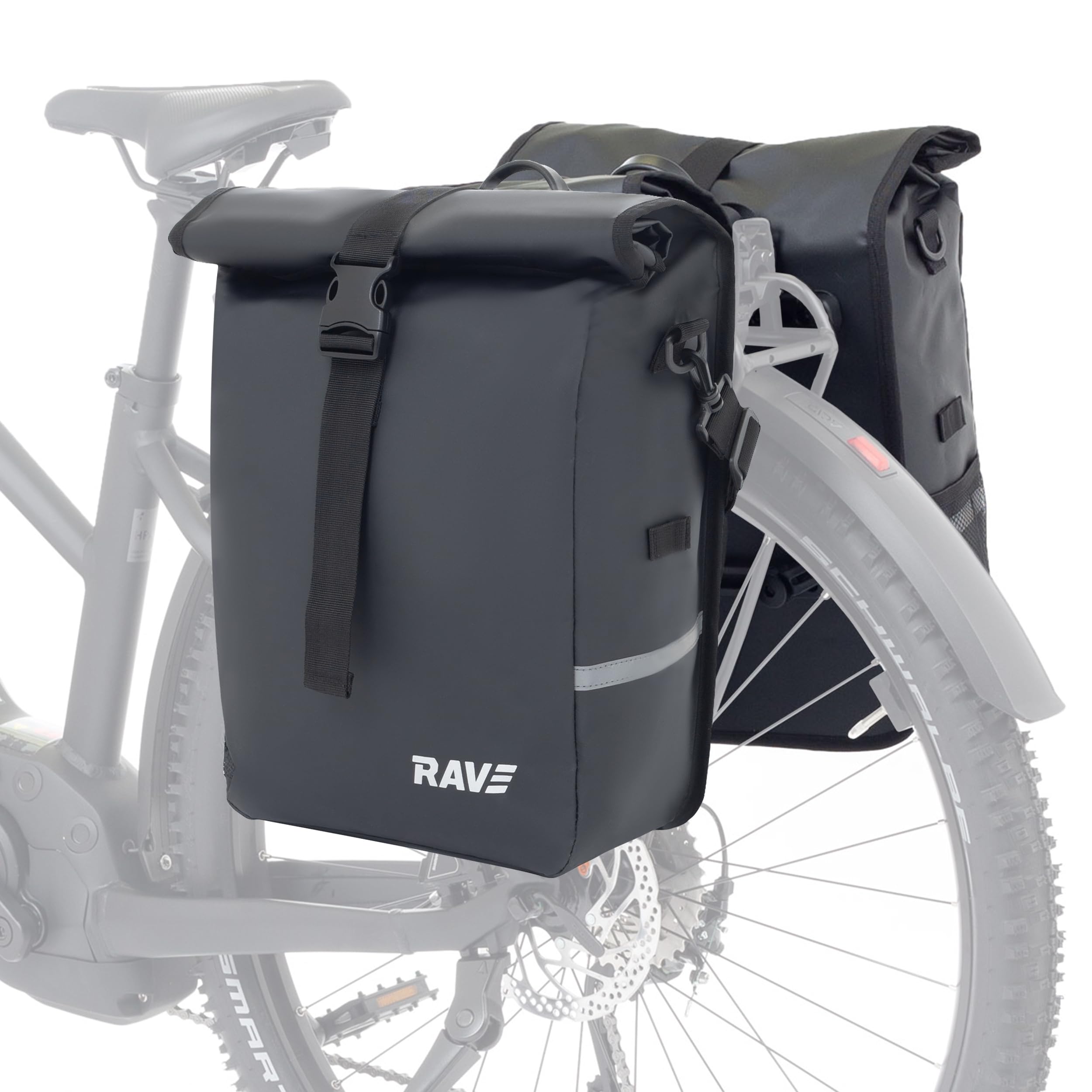 RAVE Fahrradtasche Gepäckträgertasche Voyage (Paar) - Schnelle, werkzeuglose Montage Dank Easy-Click-System - Wasserfest - Praktische Netz-Seitentasche