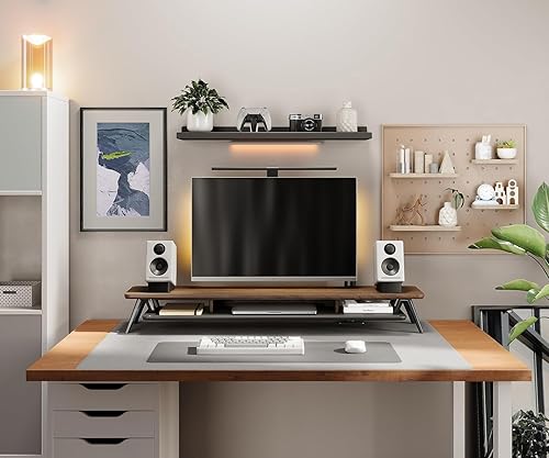 Vista 2 de Fenge Soporte para monitor doble, soporte elevador para 2 monitores, estante de escritorio de madera de 42.5 pulgadas con organizador