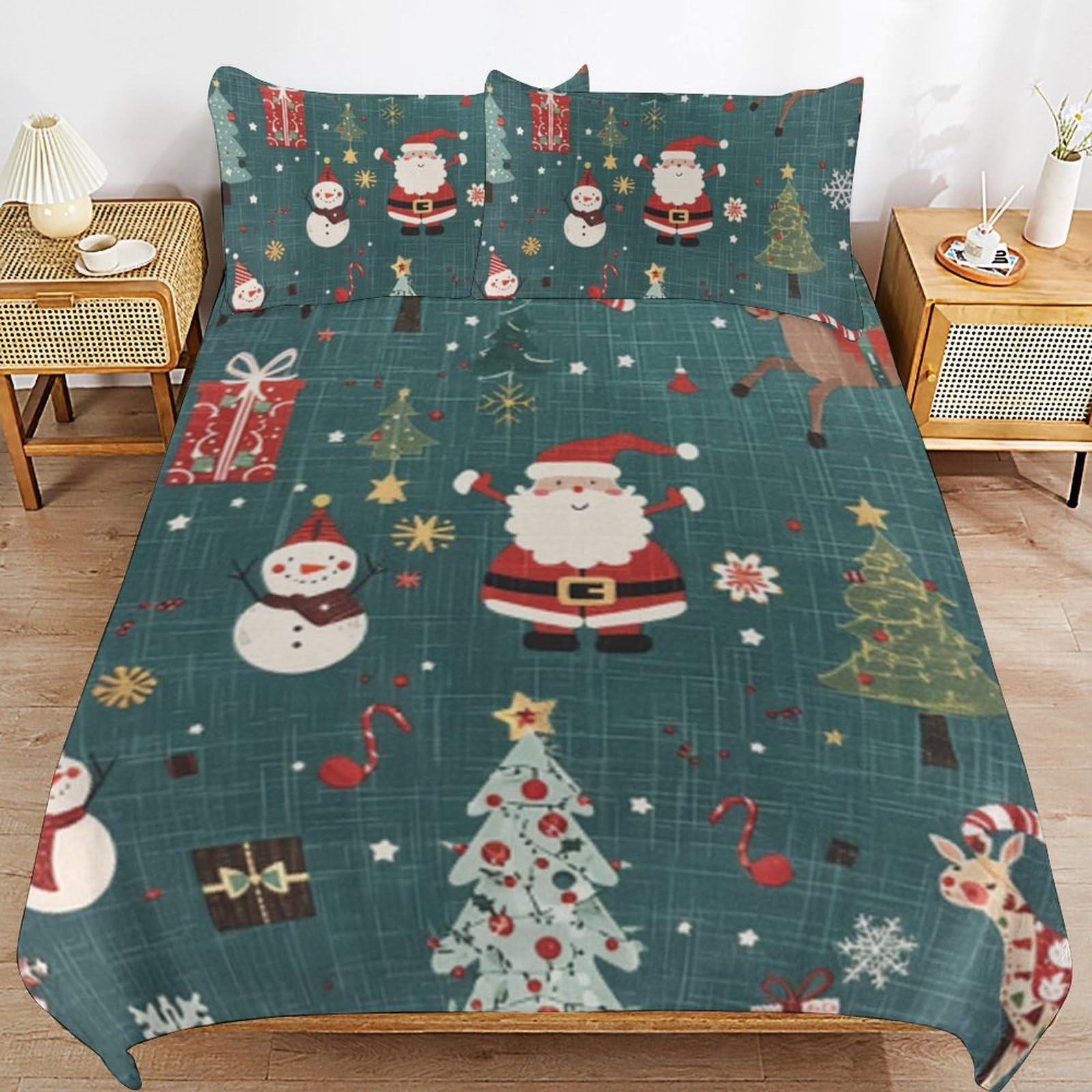 Parure de lit de Noël 220 x 240 vert doux housse de couette enfant zippée