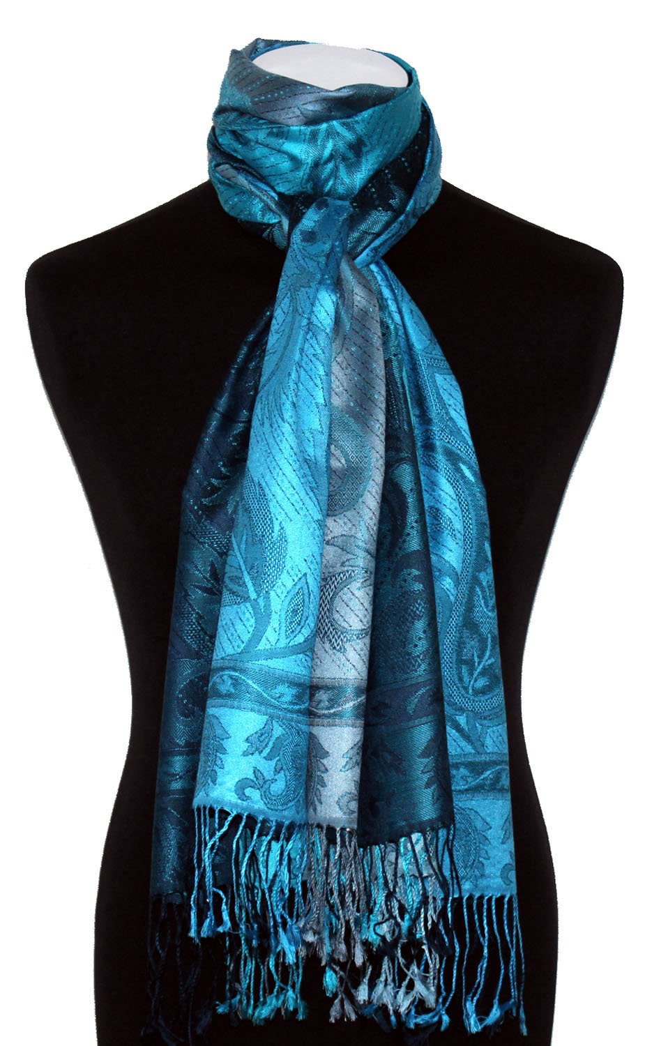 Lorenzo Cana Luxus Pashmina Damenschal Schaltuch jacquardgewebt 100% Seide 70 cm x 190 cm Paisleymuster tuerkis blau Seidenschal Seidentuch Seidenpashmina harmonische Farben 78174