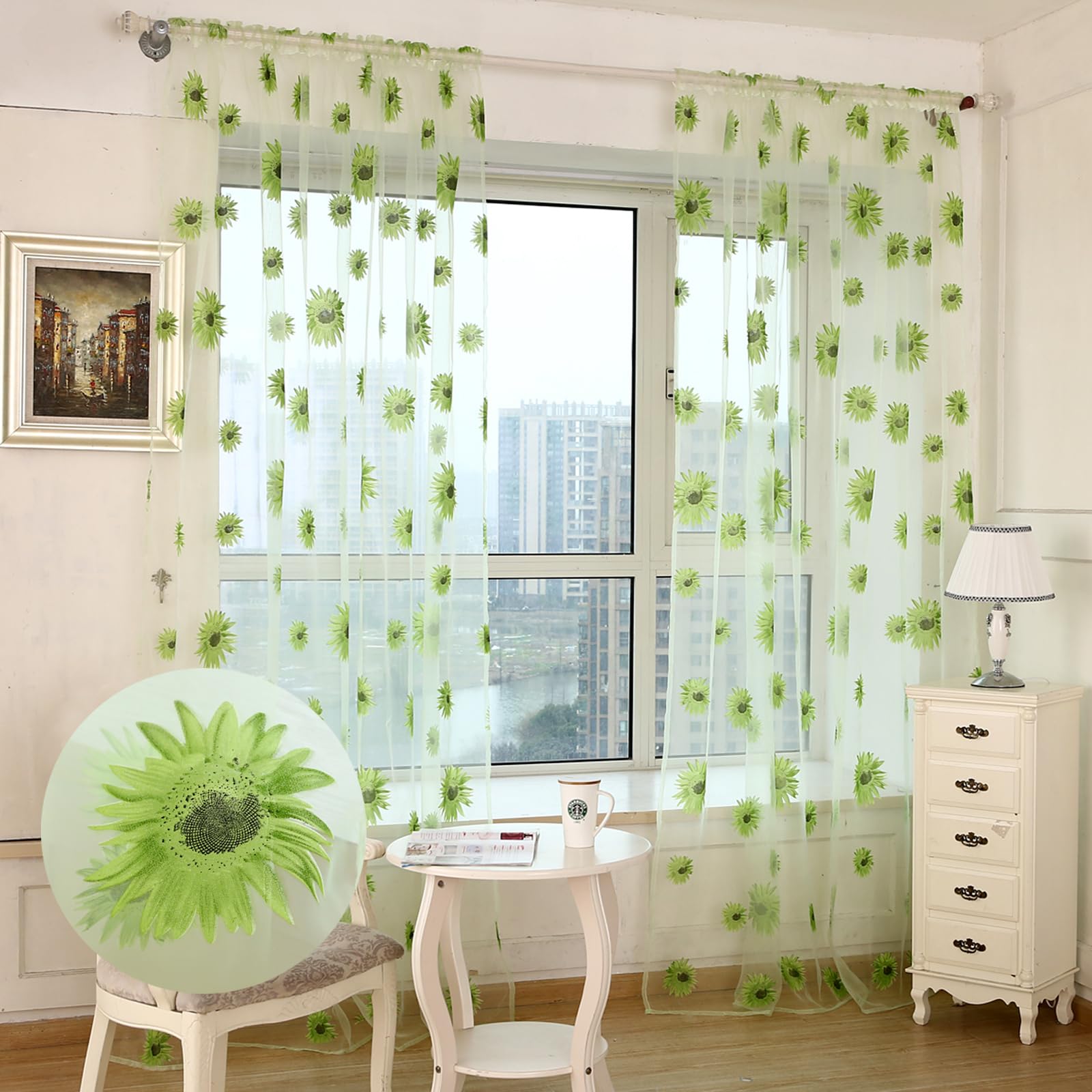 Ufurty Sunflower Window Curtain, 2PCS Sun Flower Floral Voile Sheer Curtain Panels Tulle Room Salix Leaf Sheer Gauze Curtain for Living Room, Bedroom, Balcony - Rod Pocket Top