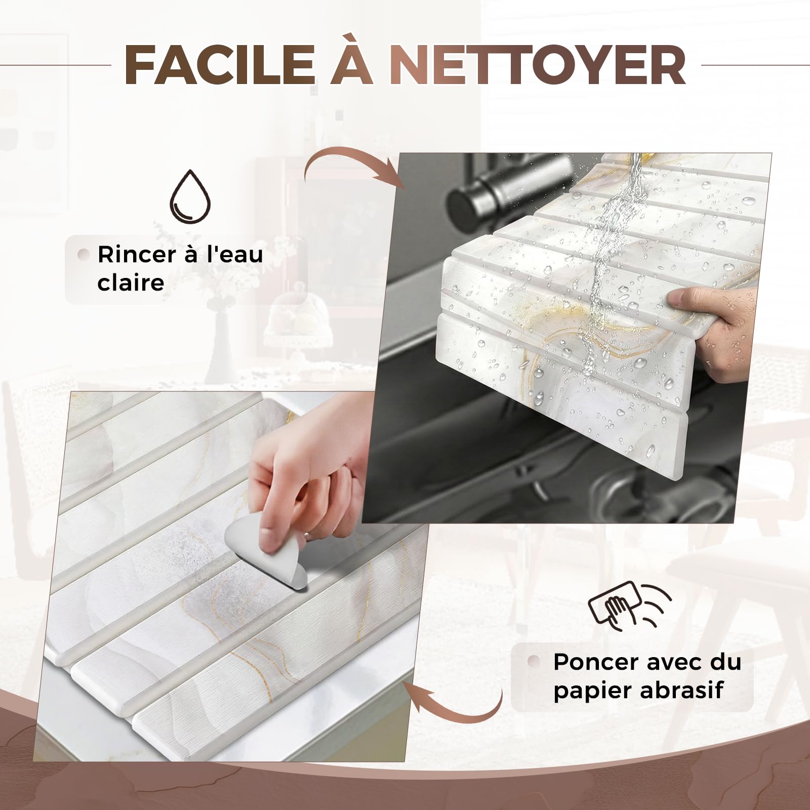 Tapis Égouttoir Vaisselle en Diatomée 40 x 30 cm, Tapis Vaisselle Absorbant Cuisine, Absorption Rapide et Séchage Rapide (Blanc Doré, avec Porte Savon)