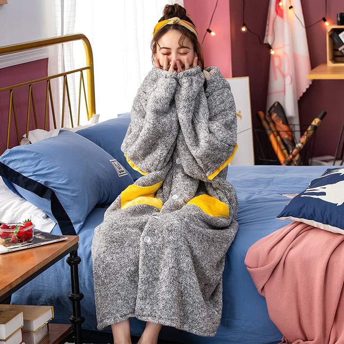 女性フード付きドレッシングガウン、星柄ソフトローブ居心地の良いバスローブふわふわ暖かいラウンジウェアバスローブ2つのポケット付き寒い