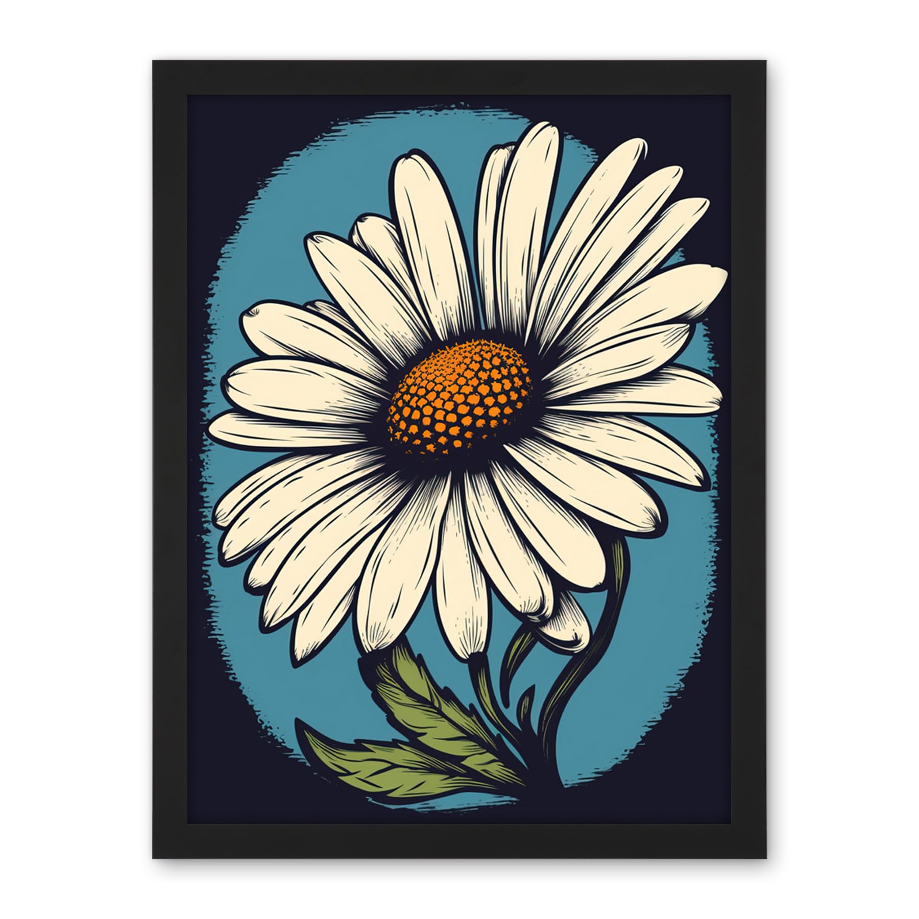Artery8 A Single Daisy Flower Bloom Bold Rockabilly Americana 50s Artwork Framed Wall Art Print 18X24 Inch