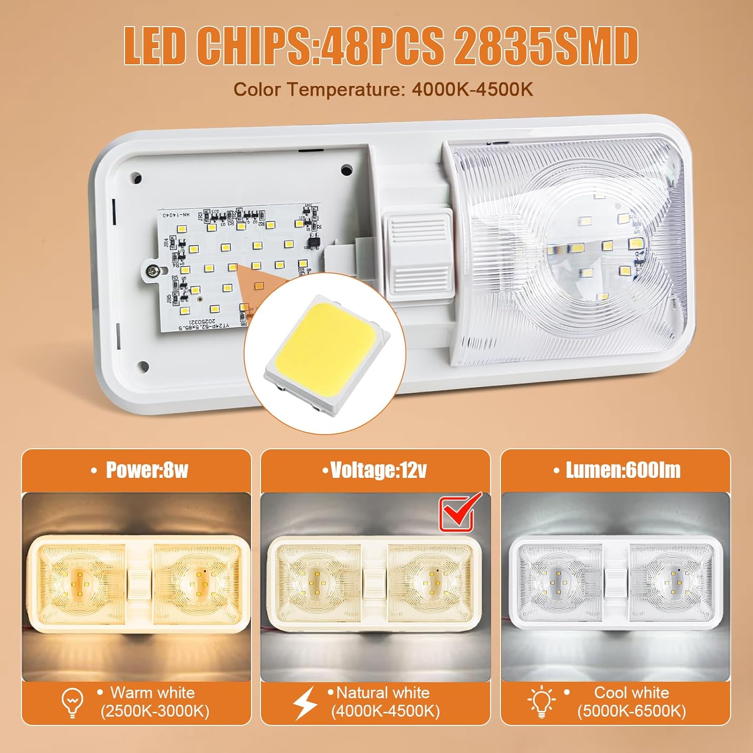 RV LED Lights Interior 12v 600LM, Camper Lights 8W, Ceiling Dome Light with Switch for RV Camper Trailer Boat Car (Natural White 4000-4500K, 5 Pack)