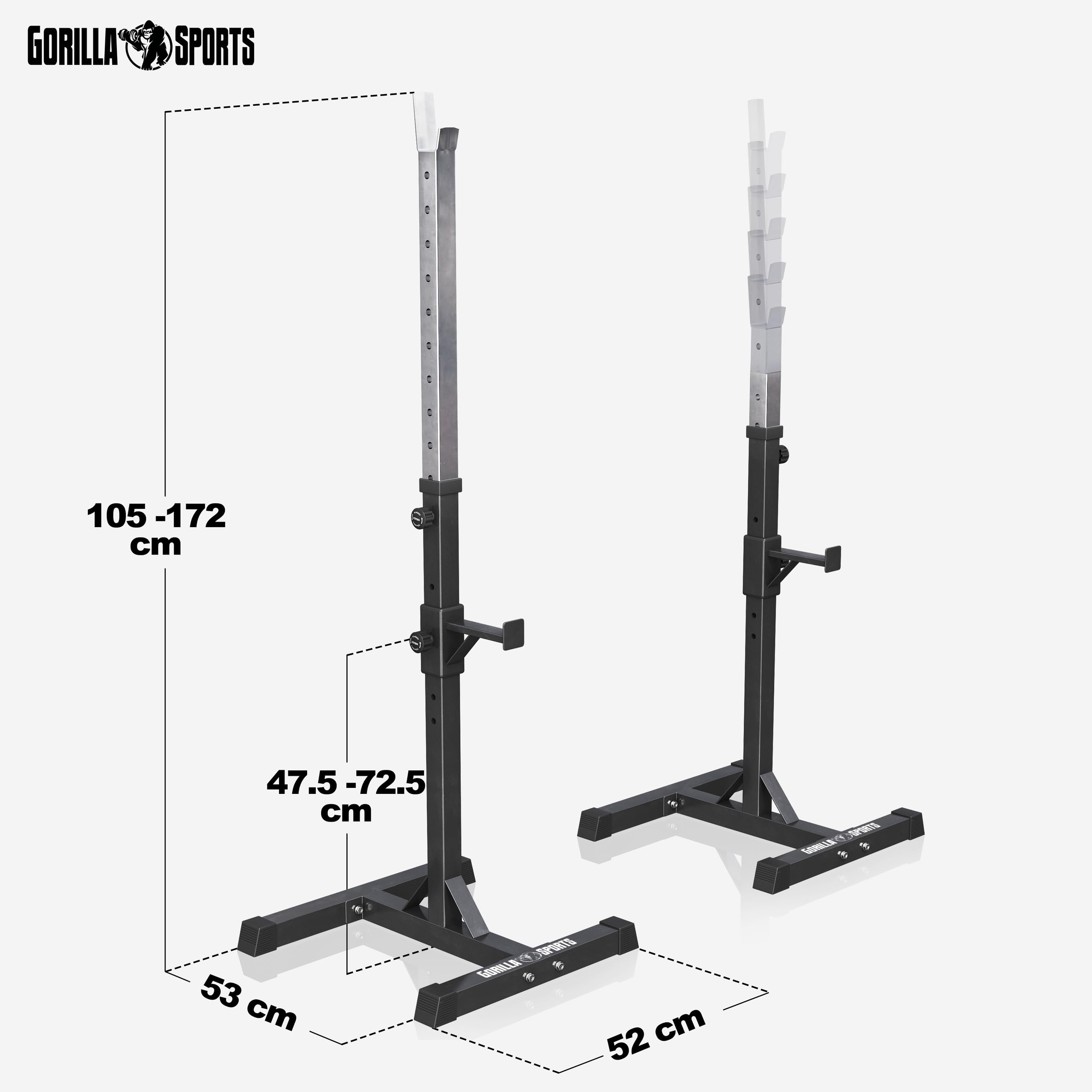 GORILLA SPORTS® Squat Rack – Verstellbar, 52 x 53 x 105–172 cm, Max. Belastbarkeit 500 kg, Schwarz – Langhantelständer, Langhantelablage, Power Rack, Stabiles Gestell, Hantelbank-Stütze, Halterungen