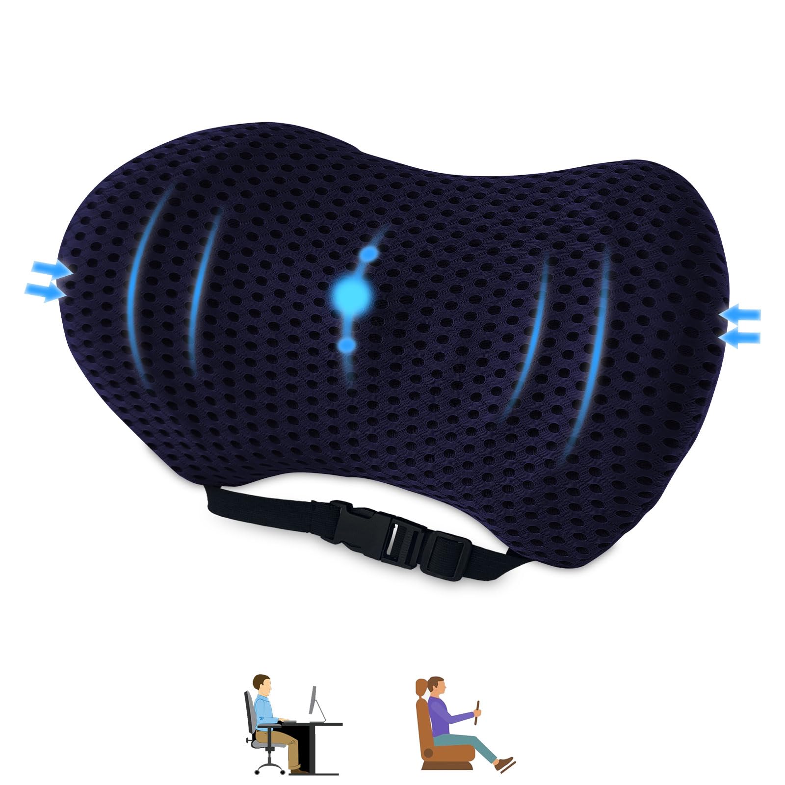Coussin lombaire voiture bleu marine avec sangle réglable