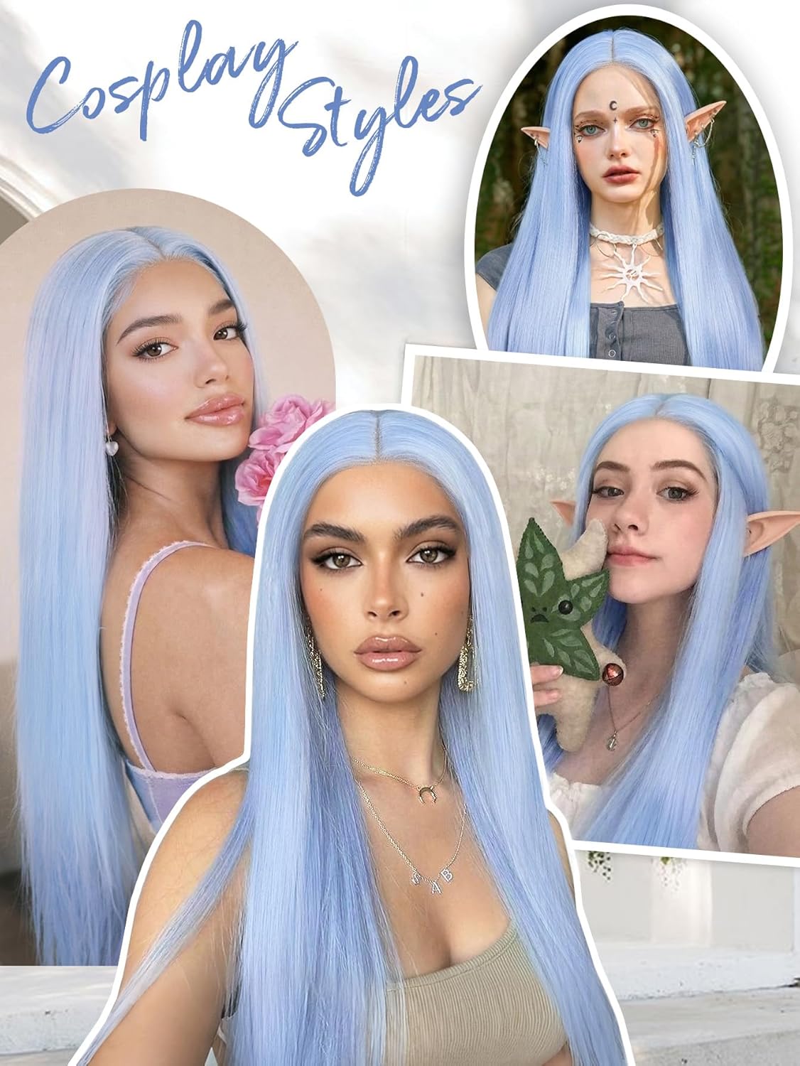 FAVE 26 Inches Light Blue Wig Long Straight Blue Wig for Women Heat-Resistant Synthetic Mermaid Wig Blue wigs for Cosplay&Daily Use