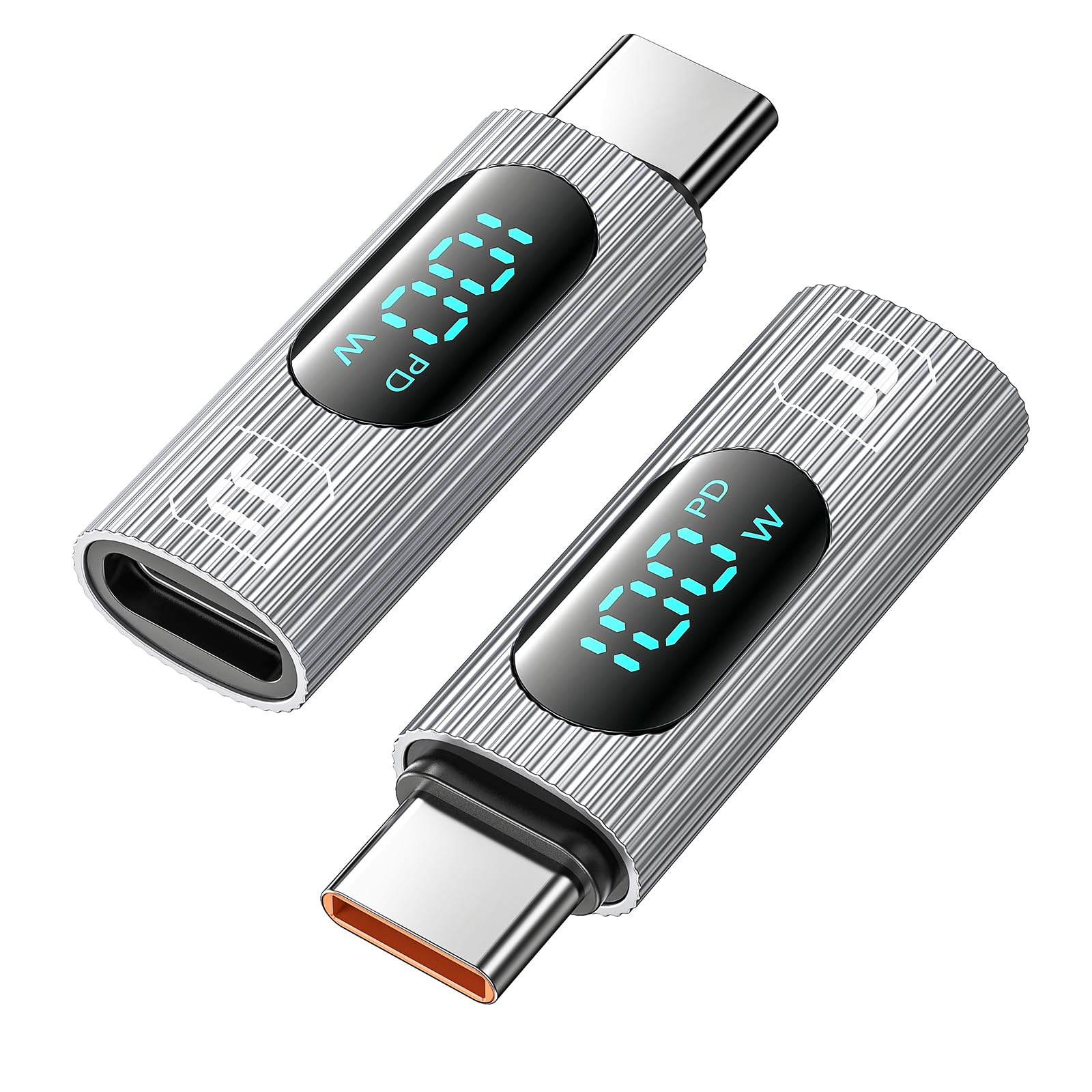 toocki USB C-C 電力表示アダプタ 100W急速充電対応 出力スクリーン表示 両方もタイプCポート PD c ケーブル用 保護フィルム付き iPhone 17/16/15/Pro、MacBook Air/Pro、Galaxy、SwitchなどUSB-Cデバイスに対応【2個セット シルバー】