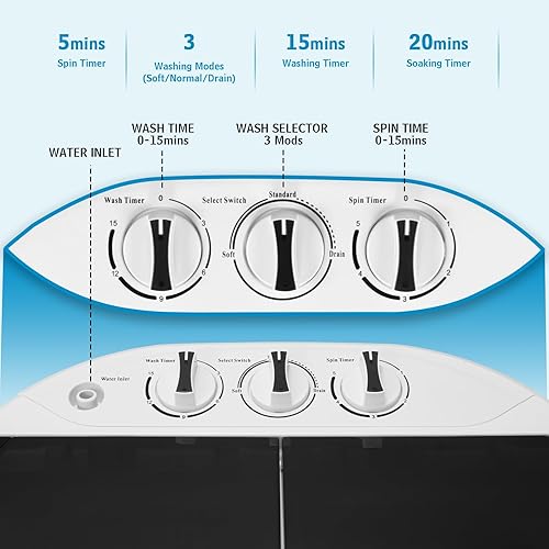 Miniatura 5 de Lavadora portátil de doble tina de 15 libras, lavadora con combinación de lavadora y giratoria, drenaje por gravedad, máquina de lavandería