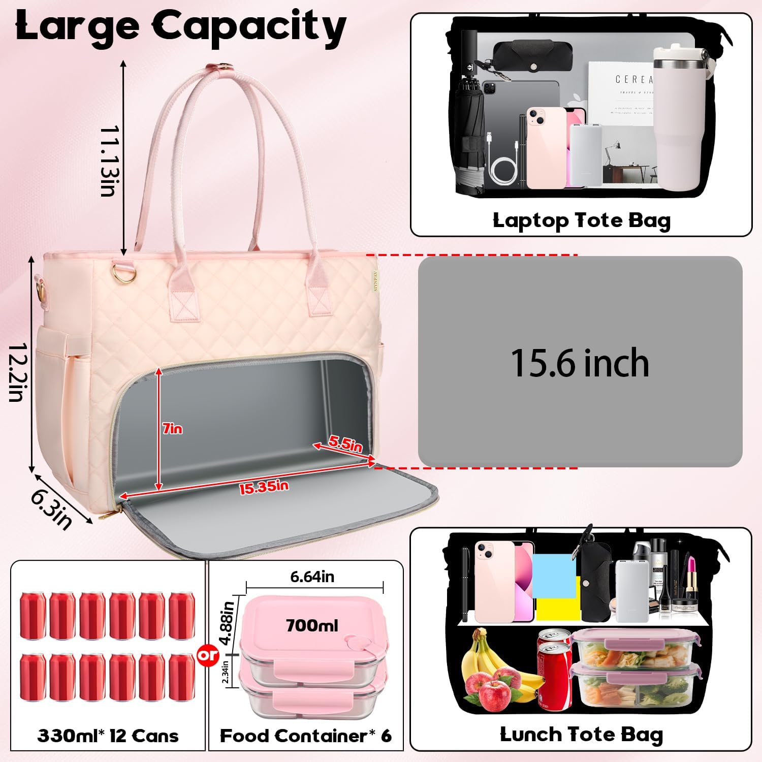 Lunch Tote Bag with 15.6 Inch Laptop Compartment& Water Bottle Pocket, Quilted Nylon Work Tote Bag with Large Insulated Lunch Compartment for Women School Business Teacher Nurse (Pink) - Image 4