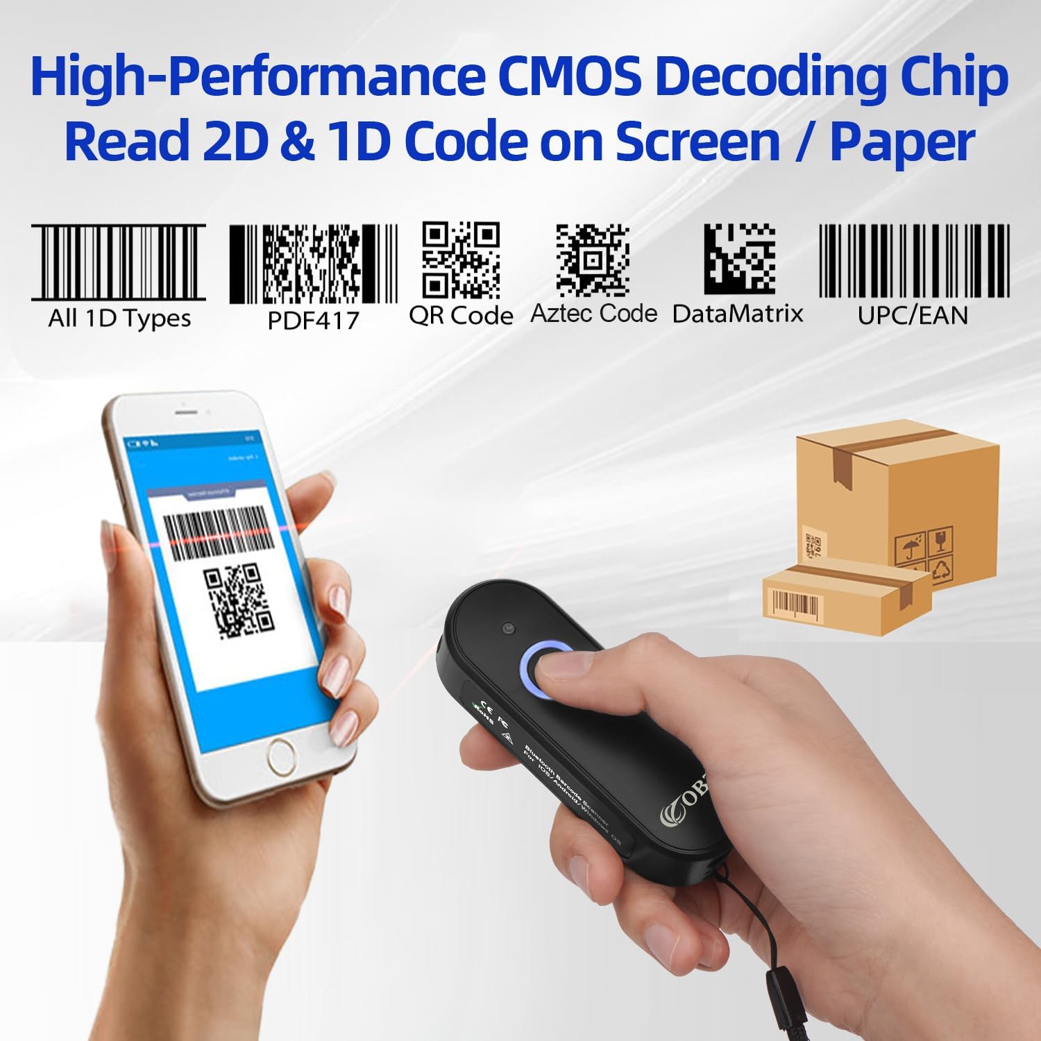 OBZ Mini 2D Bluetooth Barcode Scanner scanning various 1D and 2D barcodes