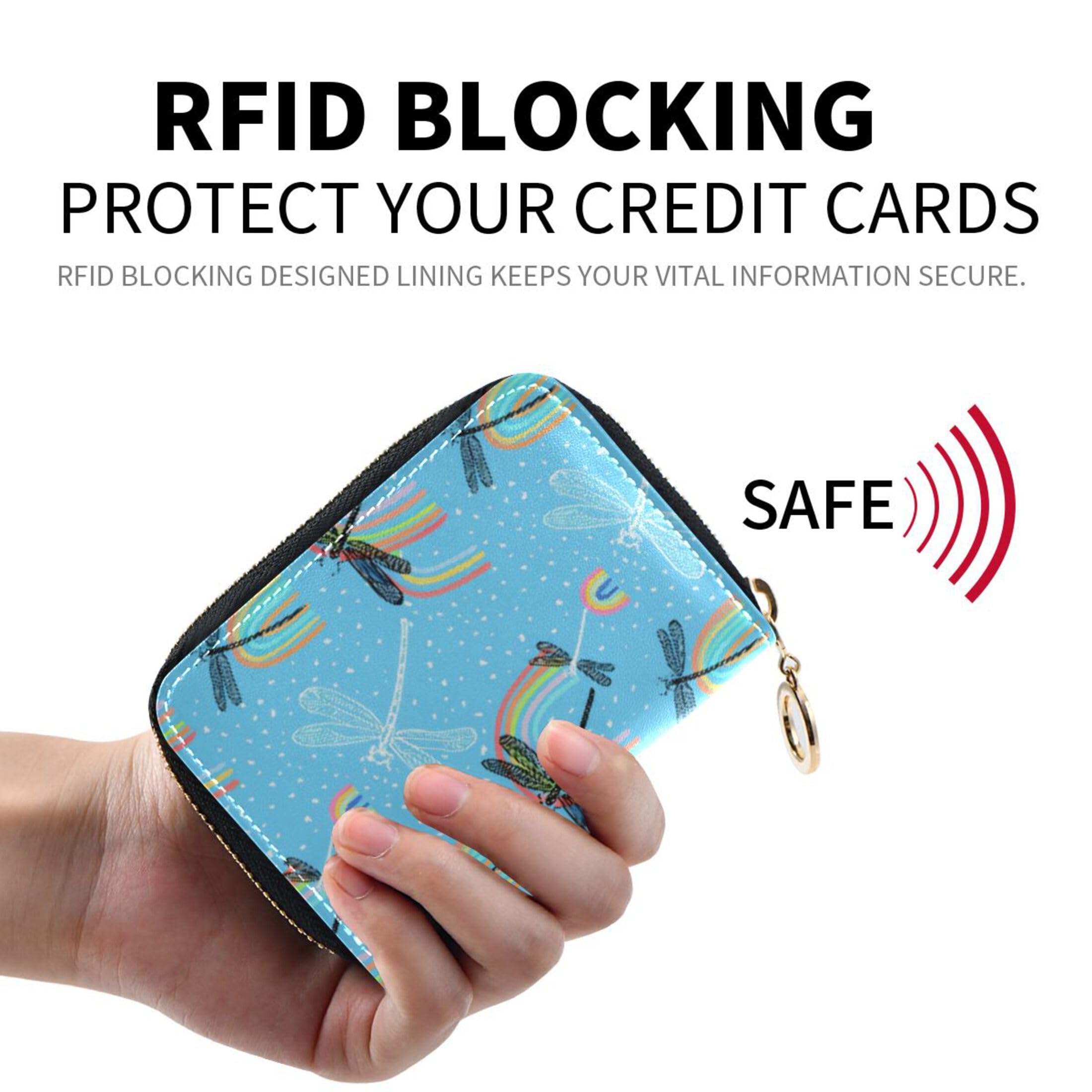 Burbuja Dragonflies Rainbows Credit Card Holder for Women Men RFID Blocking, Leather Accordion Zipper Card Case Wallet 11 Slots