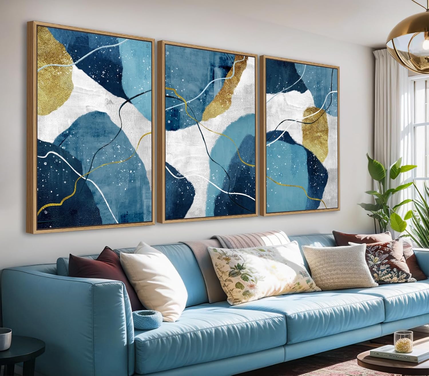 Large Abstract Framed Wall Art Natural Float Framed Blue