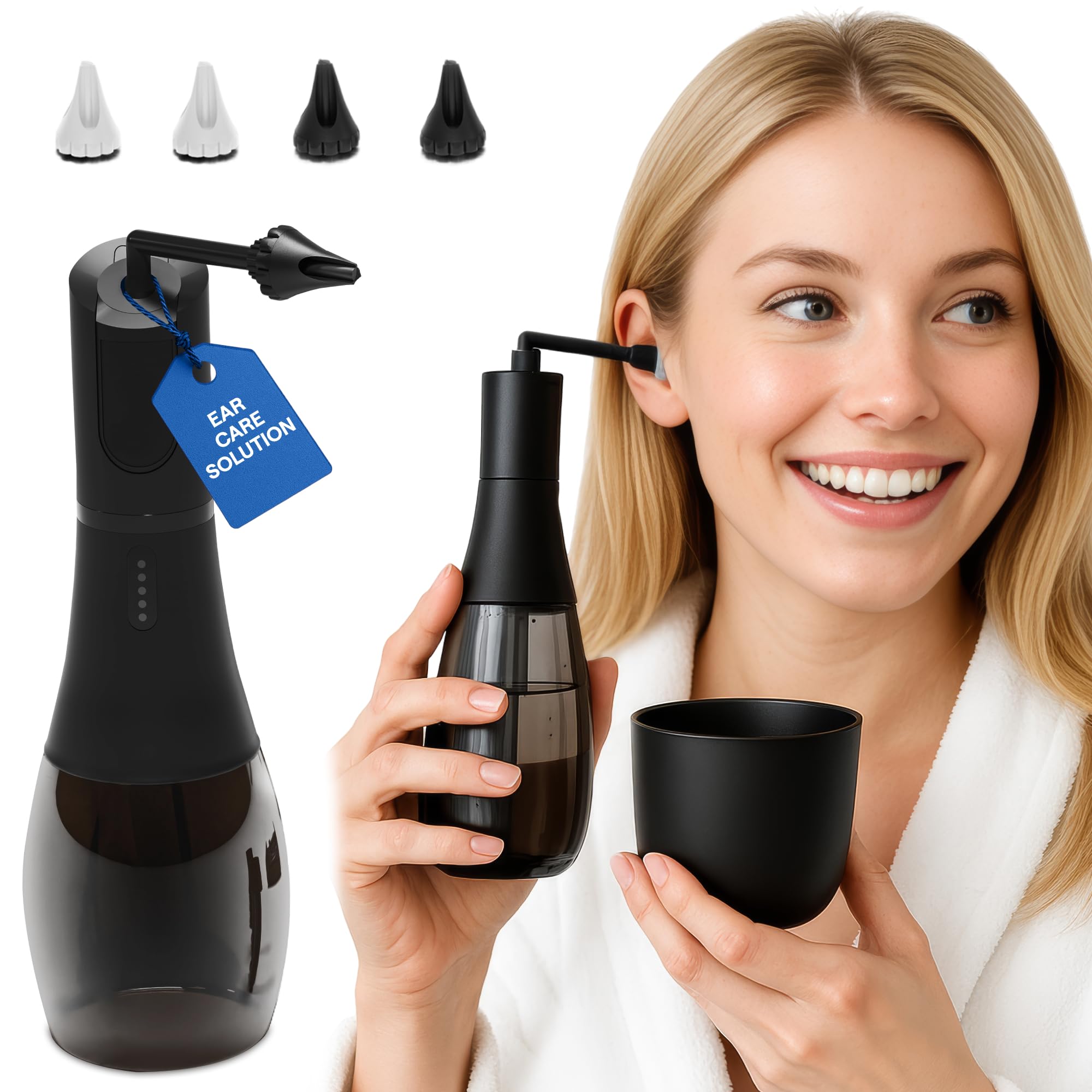 Electric Ear Cleaner and Earwax Removal Kit - 5 Pressure Modes, Timer - Safe Cleaning & Flushing Tool - Clogged Ear Wax Removal Kit for Adults with 4 Nozzles, Washing Basin, Cable, Storage Bag - IPX7