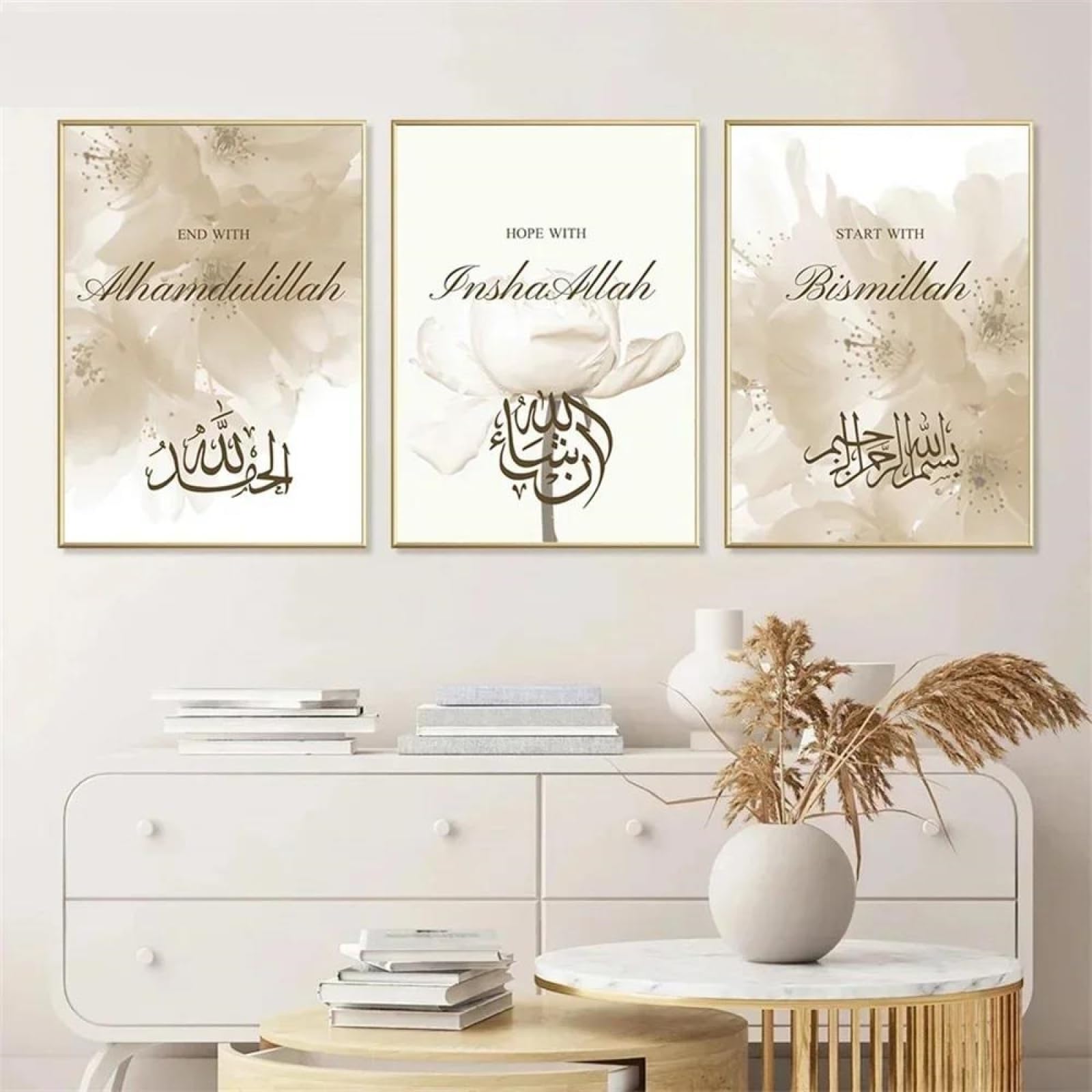 Baibexing Islamic Calligraphy Bismillah Beige Flower Posters Canvas Painting Wall Art Print Pictures Living Room Interior Decor 50X70Cmx3Pcs Unframed