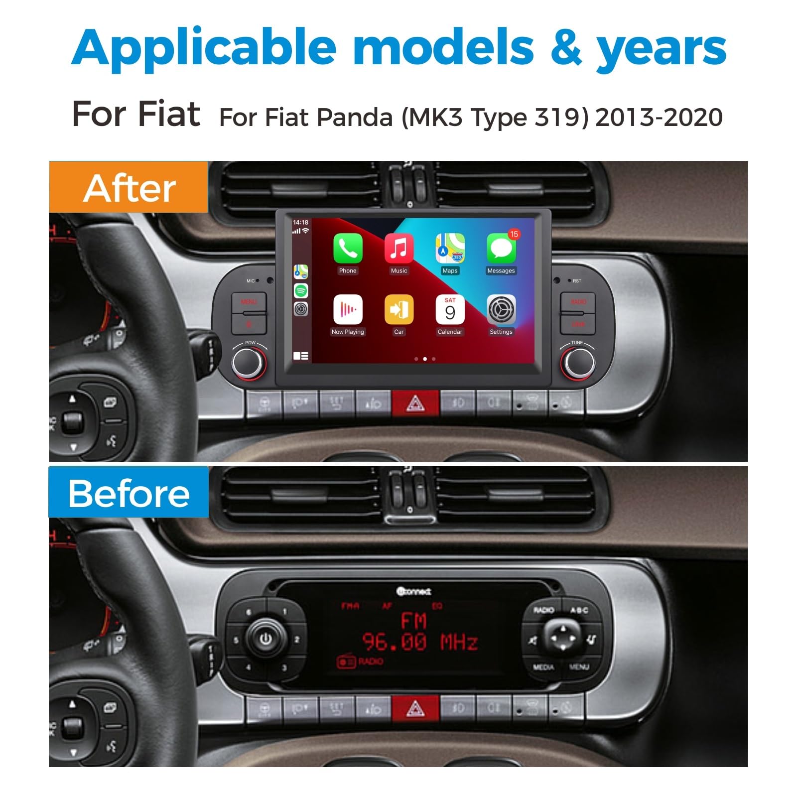 Car Radio wireless Carplay e Android Auto per Fiat Panda 2013-2020, Mirror Link Bluetooth 5.0 con touchscreen da 7 pollici RDS AM/FM USB DSP ad alta potenza Subw EQ SWC