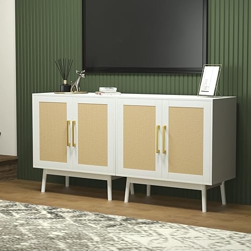 JOZZBY Aparador de ratán, gabinete negro con puertas de ratán y estantes ajustables, armario decorativo para comedor, pasillo