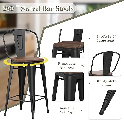 Miniatura 4 de Apeaka Juego de 4 taburetes de bar giratorios de metal de 30 pulgadas, sillas de bar industriales de respaldo alto con asiento de madera grande,