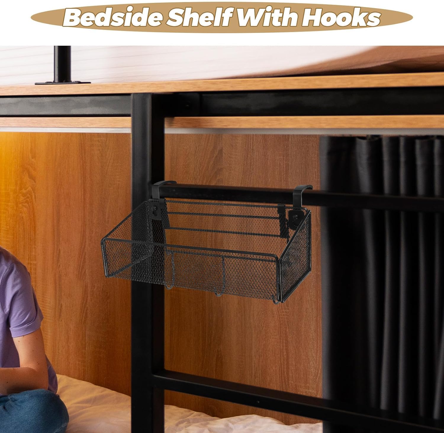 Metal Bedside Hanging Storage Basket with Adjustable Hooks, Multipurpose Hanging Shelf for Dorm Rooms and Office Spaces, Black Bedside Storage Organizer for Books, Drinks,