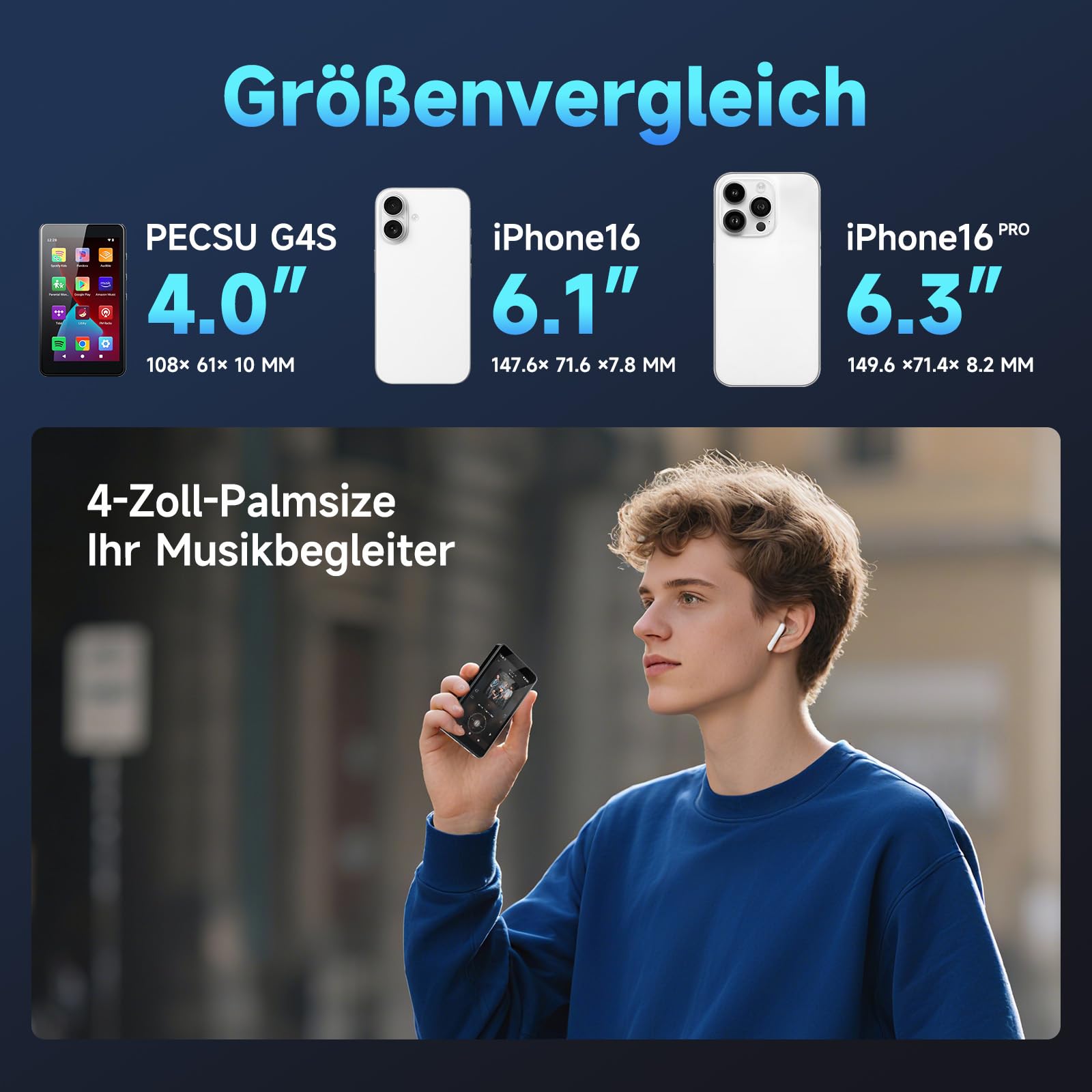 PECSU Android 14 MP3-Player mit Spotify, Play Store, Amazon Music, Audible, Libby, 4-Zoll-Touchscreen-MP4-Musikplayer für Kinder mit Kindersicherung, Augenschutzmodus, 2000mAh (Schwarz)