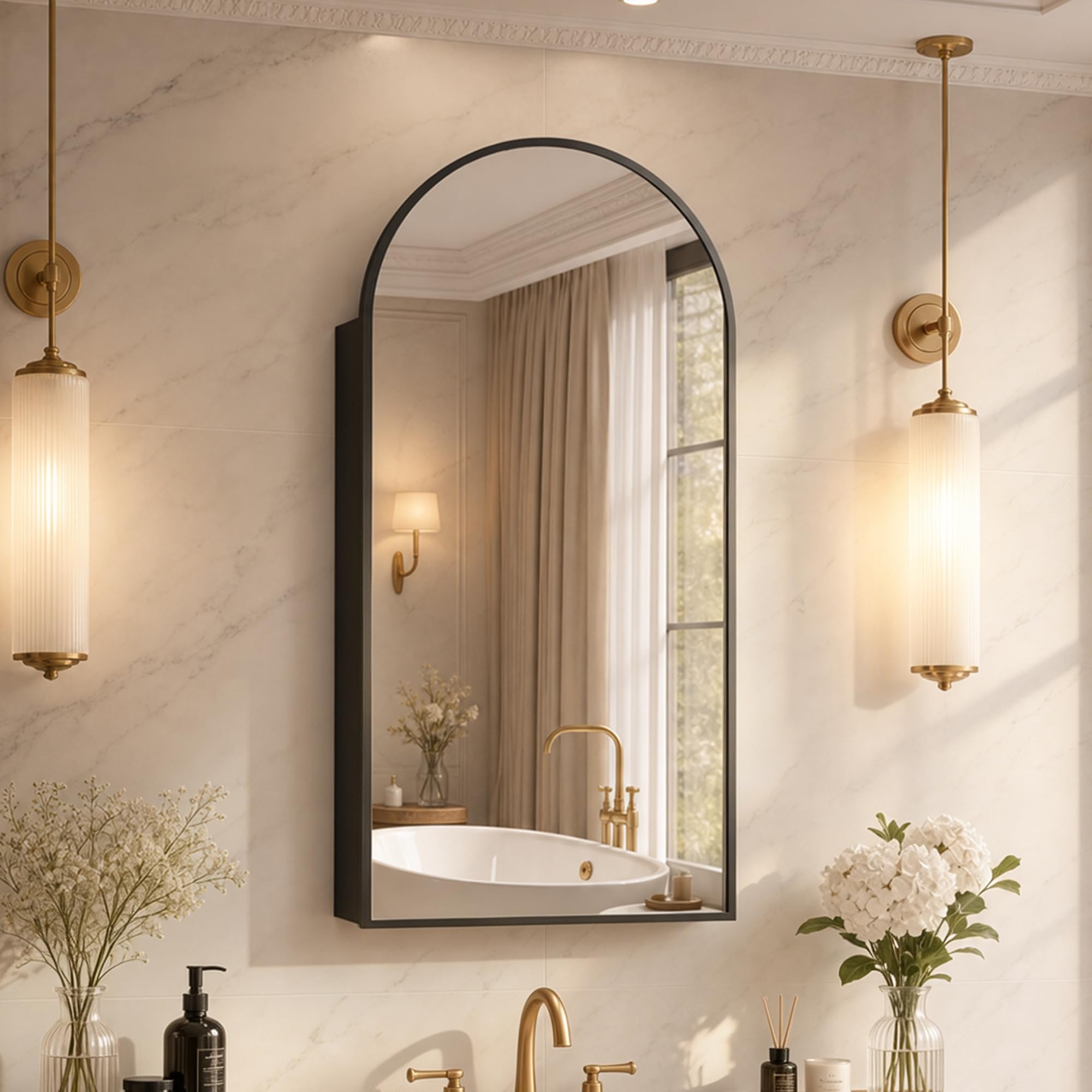 FKWin Mirrored Medicine Cabinets for Bathroom, Arched Mirror with Storage