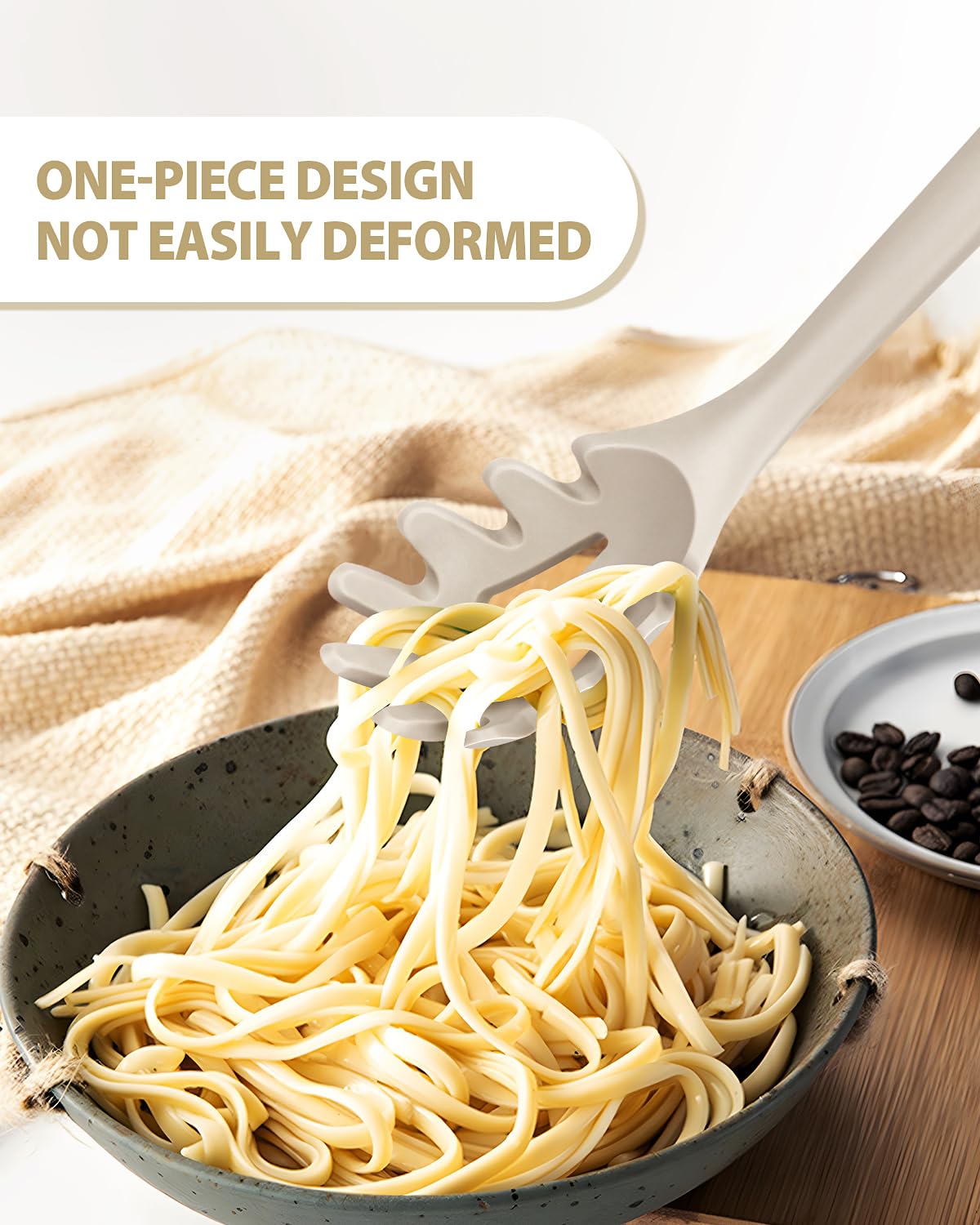 Set di forchetta e mestolo in silicone, grandi utensili da cucina antiaderenti per cucinare, mescolare, servire spaghetti, zuppe, salse (KHAKI