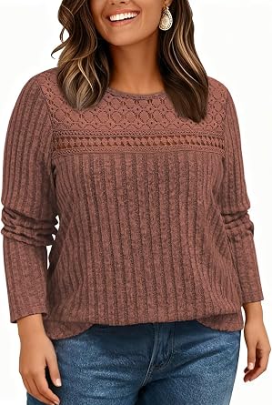 Plus-Size-Sweaters for Women Trendy Long Sleeve Lace Shirts Loose Lightweight Mesh Tops Casual Knit Pullover Tunics