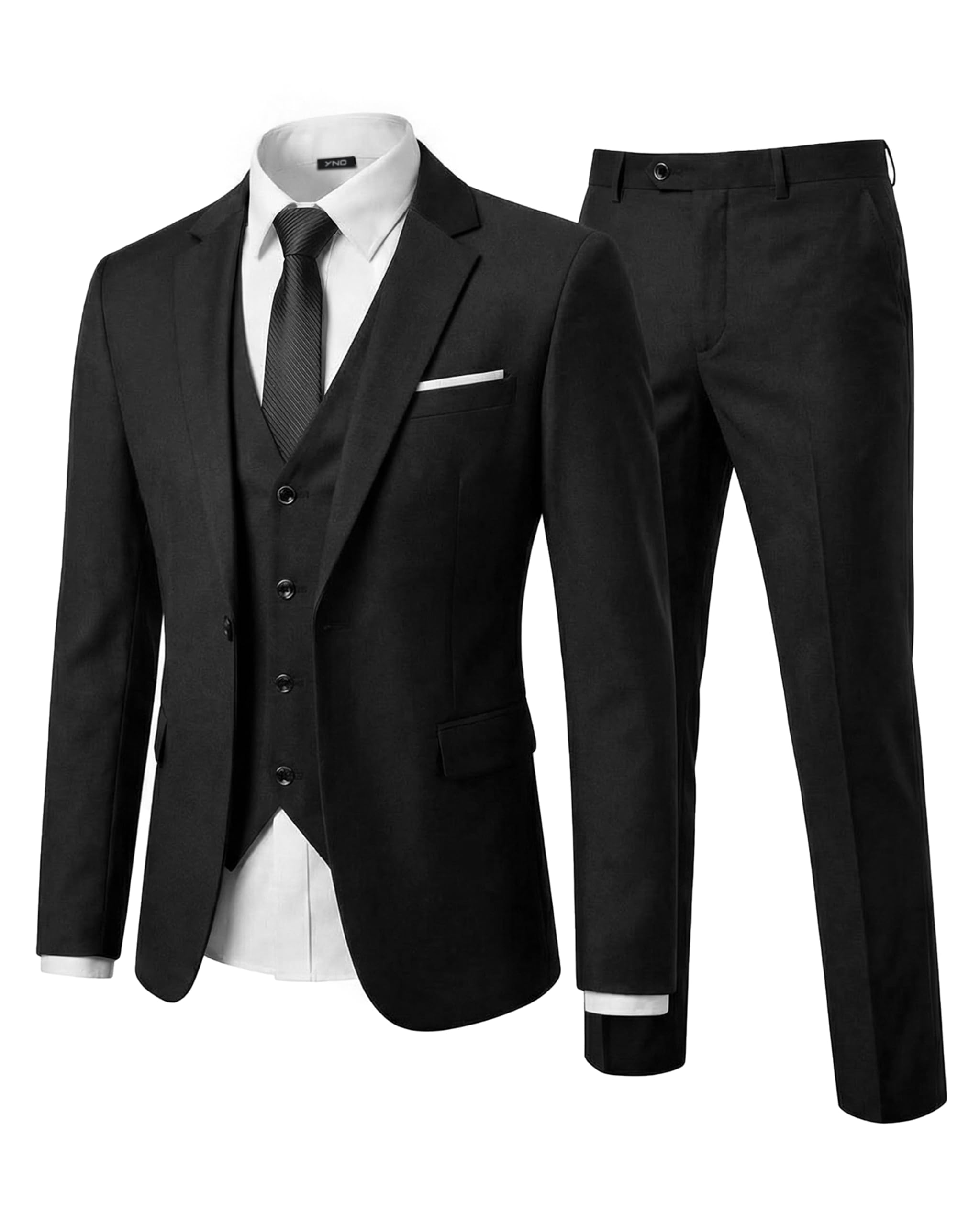 YND Men's Slim Fit 3 Piece Suit Set, One Button Solid Blazer Vest Pants with Tie