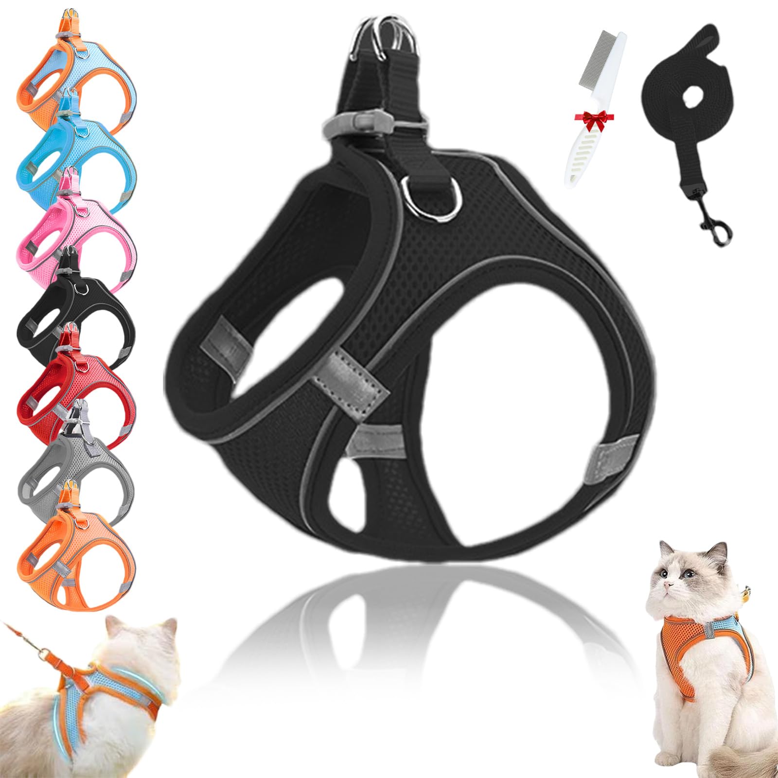 Cat Harness, Harness Adjustable Soft Mesh Vest, Escape Proof Outdoor Cat Leash with Reflective Safety Strips No Choke No Pull, Easy to Wear for