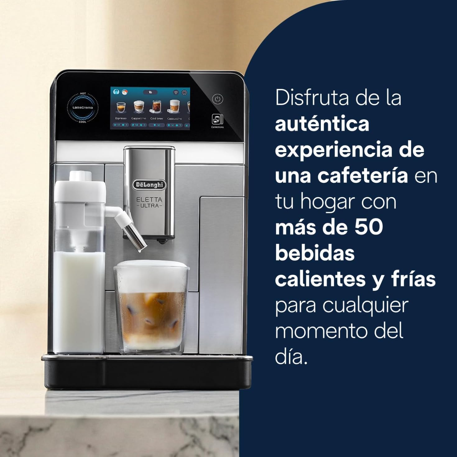 De’Longhi Eletta Ultra – Cafetera Superautomática con Jarra de leche automática, 50+ Bebidas Calientes y Frías, Silent Technology, Pantalla Táctil a Color, Color Metal (ECAM472.85.MB)
