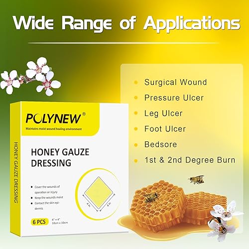 Miniatura 4 de Aderezo de gasa de miel de Manuka, paquete de 6, parches de 4 x 4 pulgadas, gasa de miel de Manuka para el cuidado de heridas, para cortes, escaldar
