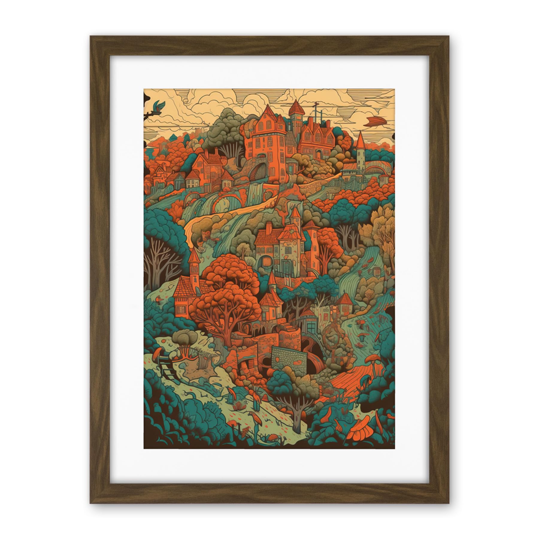 Artery8 Village in Forest Coral and Teal Blue Illustration Artwork Framed Wall Art Print 18X24 Inch
