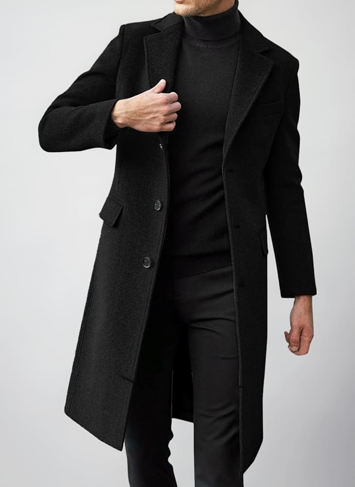Black Trench Coat Men, Slim Fit Open Front Long Coat Winter Warm