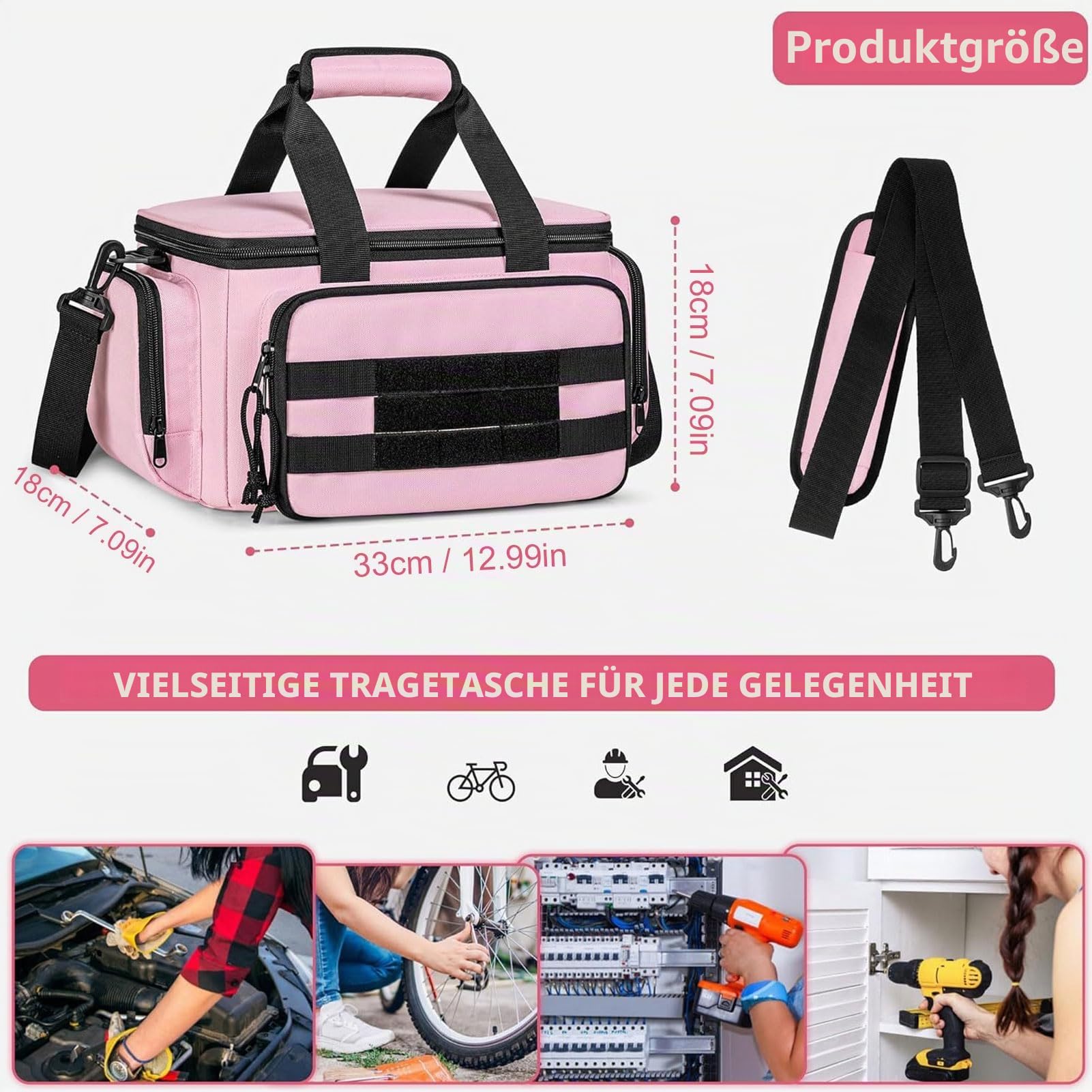 Werkzeugtasche, Langlebige 14-Zoll-Werkzeug-Organizer-Tasche mit Verdicktem Boden, Robuste, Tragbare Reise-Werkzeugkiste (PINK)