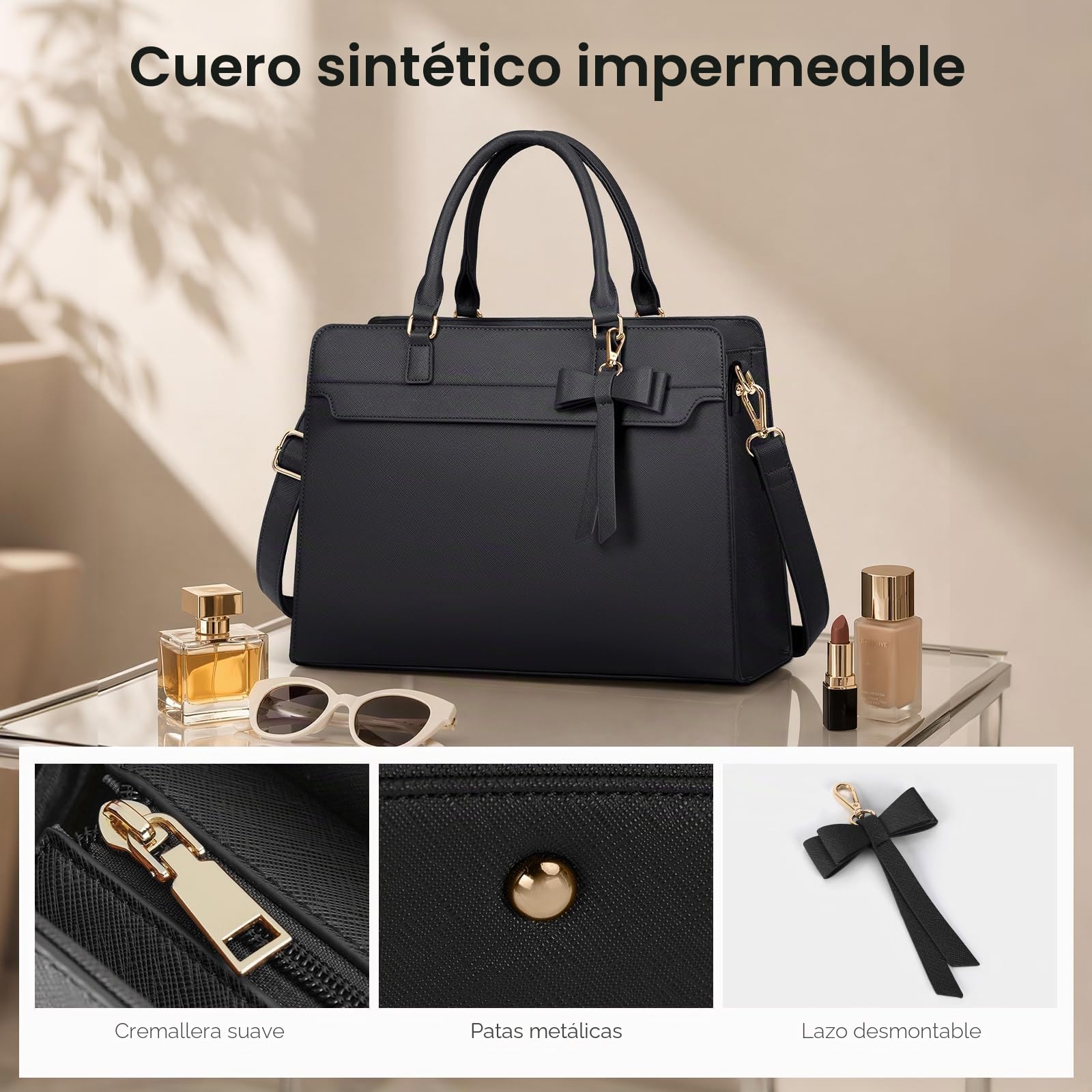RAINSMORE Bolso Grande Mujer Cuero PU Shopper Impermeable Portatil Ordenador 15.6 Pulgadas Tote 2 Piezas para Universidad Oficina Trabajo Negro