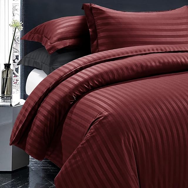 MOONLIGHT20015 Double Bedding Duvet Set - Stripes Soft Burgundy Bedding Double Duvet Covers with 2 Pillowcases