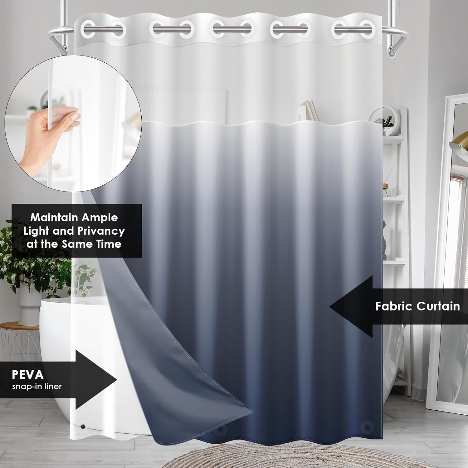 No Hook Ombre Navy Blue Shower Curtain with Snap-in PEVA Liner Set, Modern Design Hotel Style with See Through Top Window Double Layers Waterproof Bath Curtain 71x74 Inch